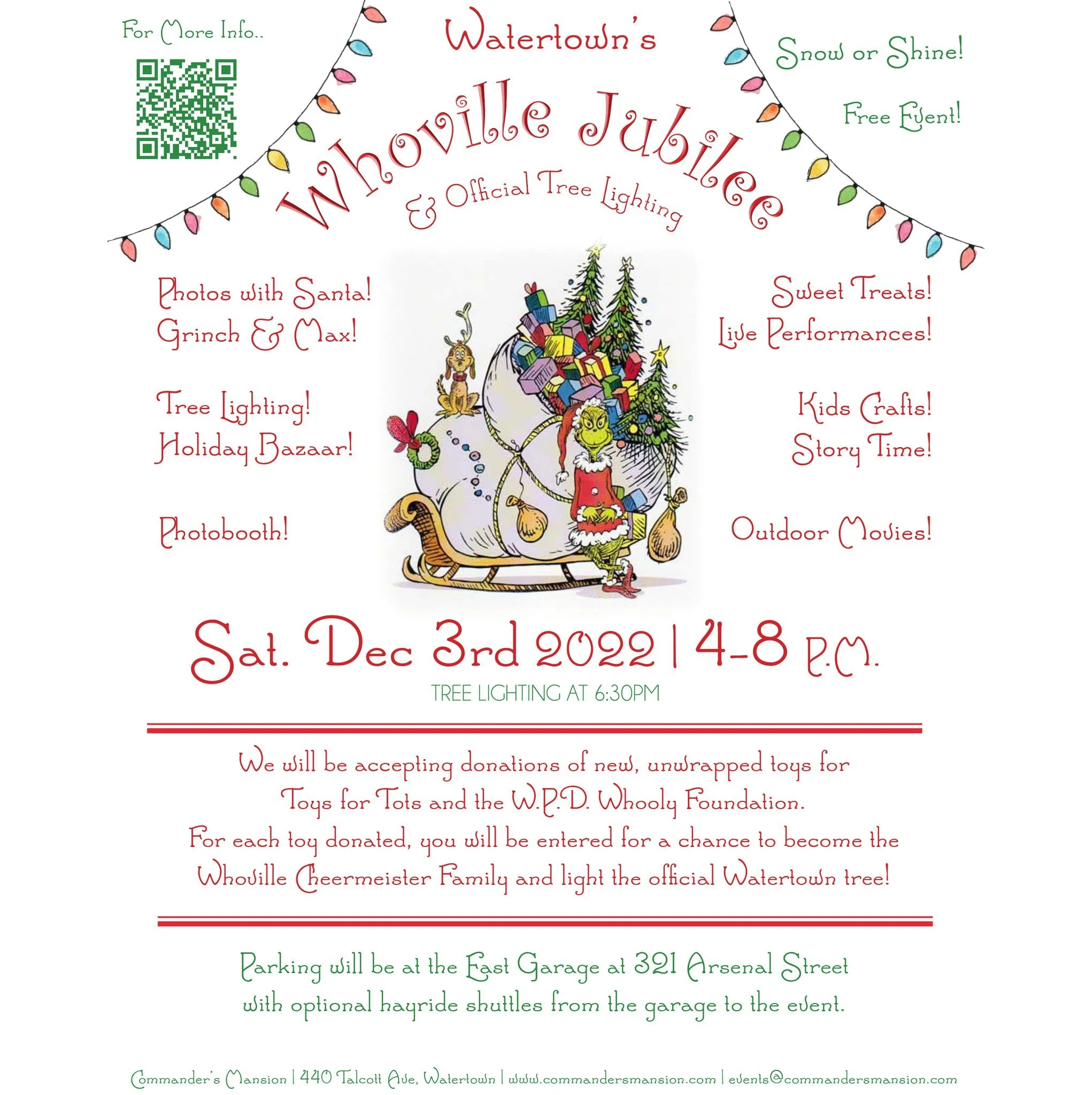 Whoville Jubilee & Official Tree Lighting on Sat, Dec 3, 2022 from 4-8PM at the Commander’s Mansion, 440 Talcott Ave, Watertown