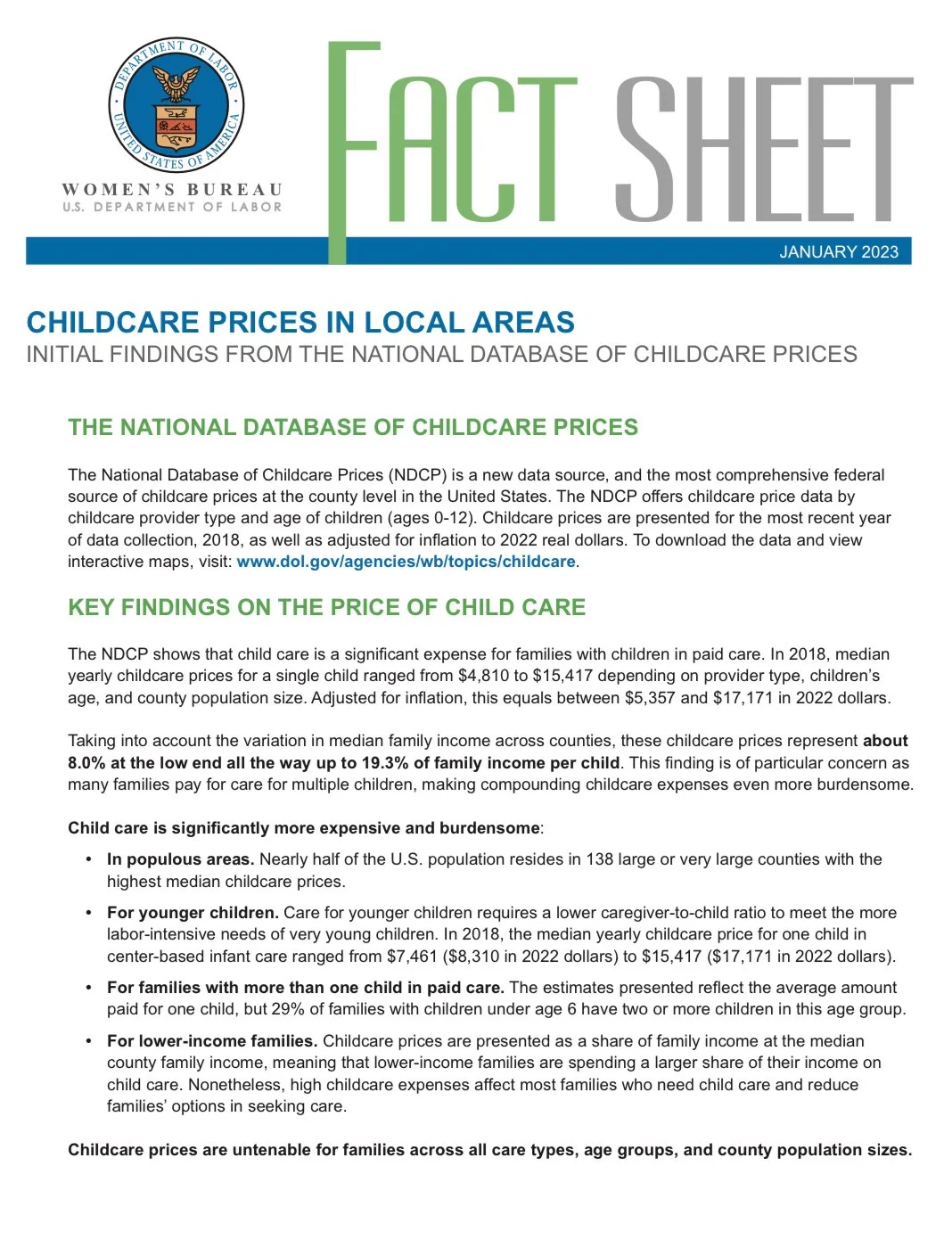 U.S. Labor Department’s Women’s Bureau released The National Database of Childcare Prices (NDCP)