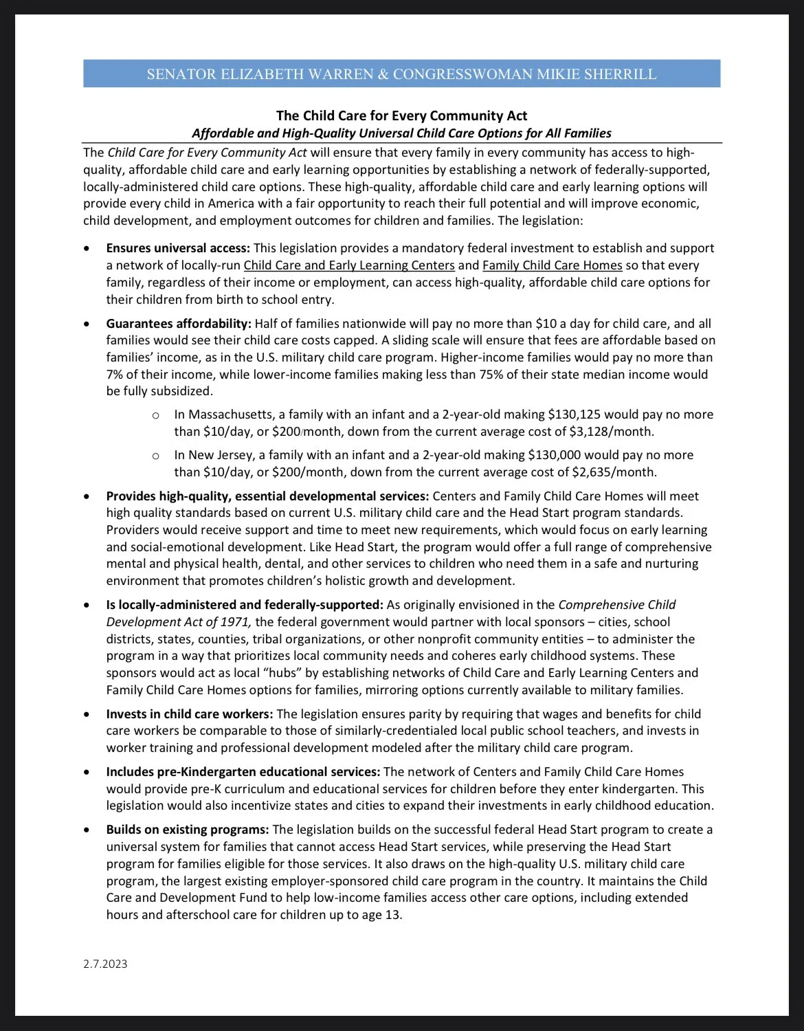 "The Child Care for Every Community Act Introduced" in Congress