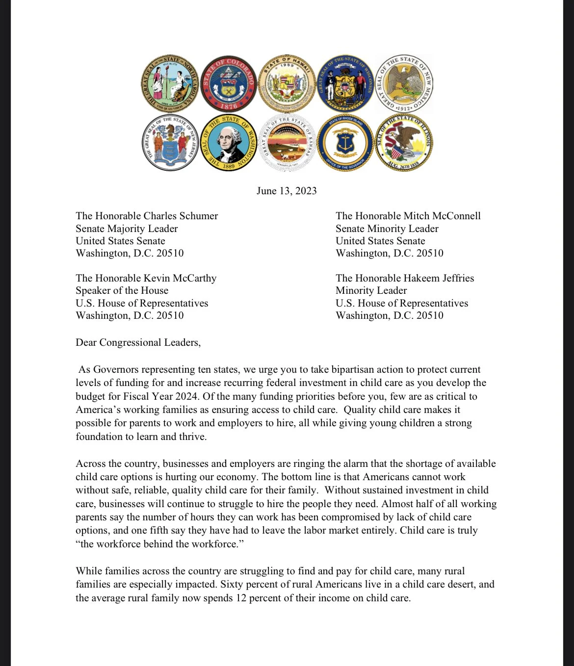 Read Letter from 10 Governors Asking for Increased Federal Investment in Child Care