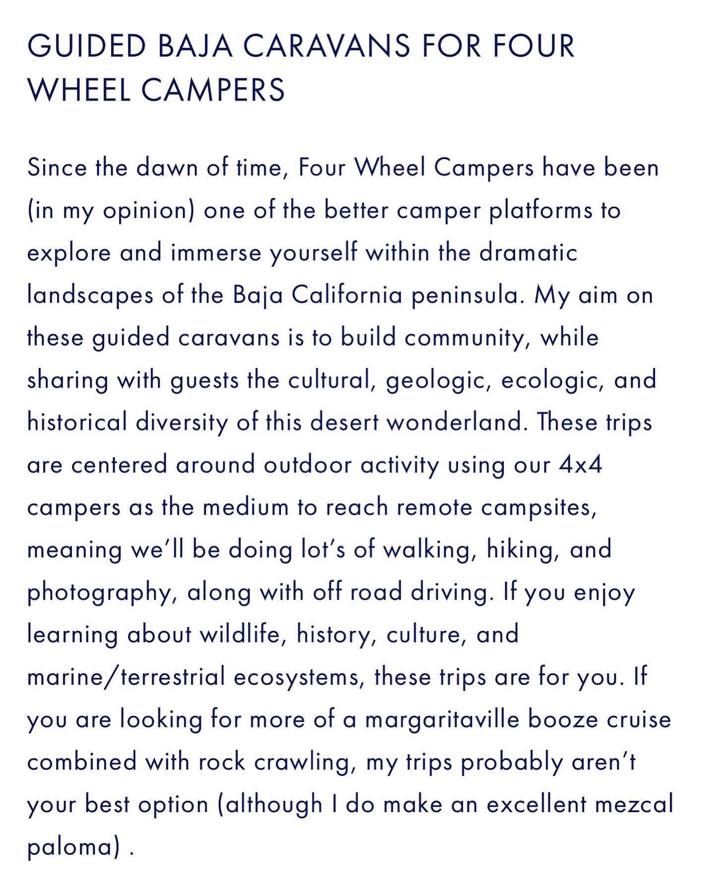 This May I will be operating two @fourwheelcampers Baja California natural history expeditions where we&rsquo;ll be driving 10 days from San Diego to Cabo San Lucas exploring mangrove lagoons, ranches, sky island mountain ranges, and desert coastline