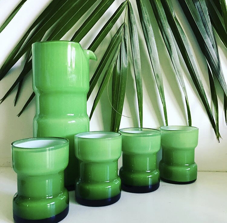 Midcentury Green &amp; Cased White Cocktail Pitcher w/Four Glasses