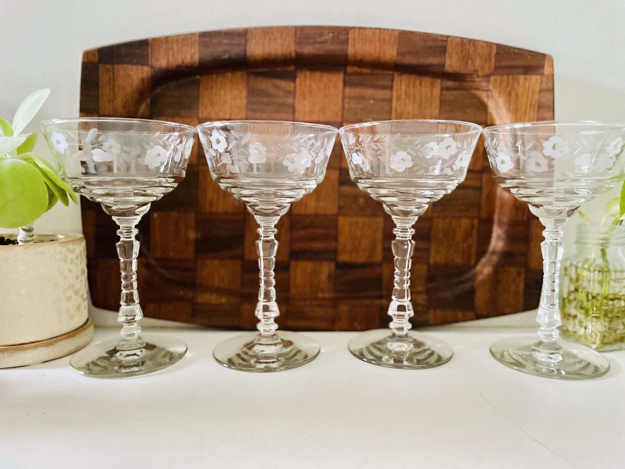 Set of 4, Vintage Etched Crystal Champagne Coupes by Rock Sharpe