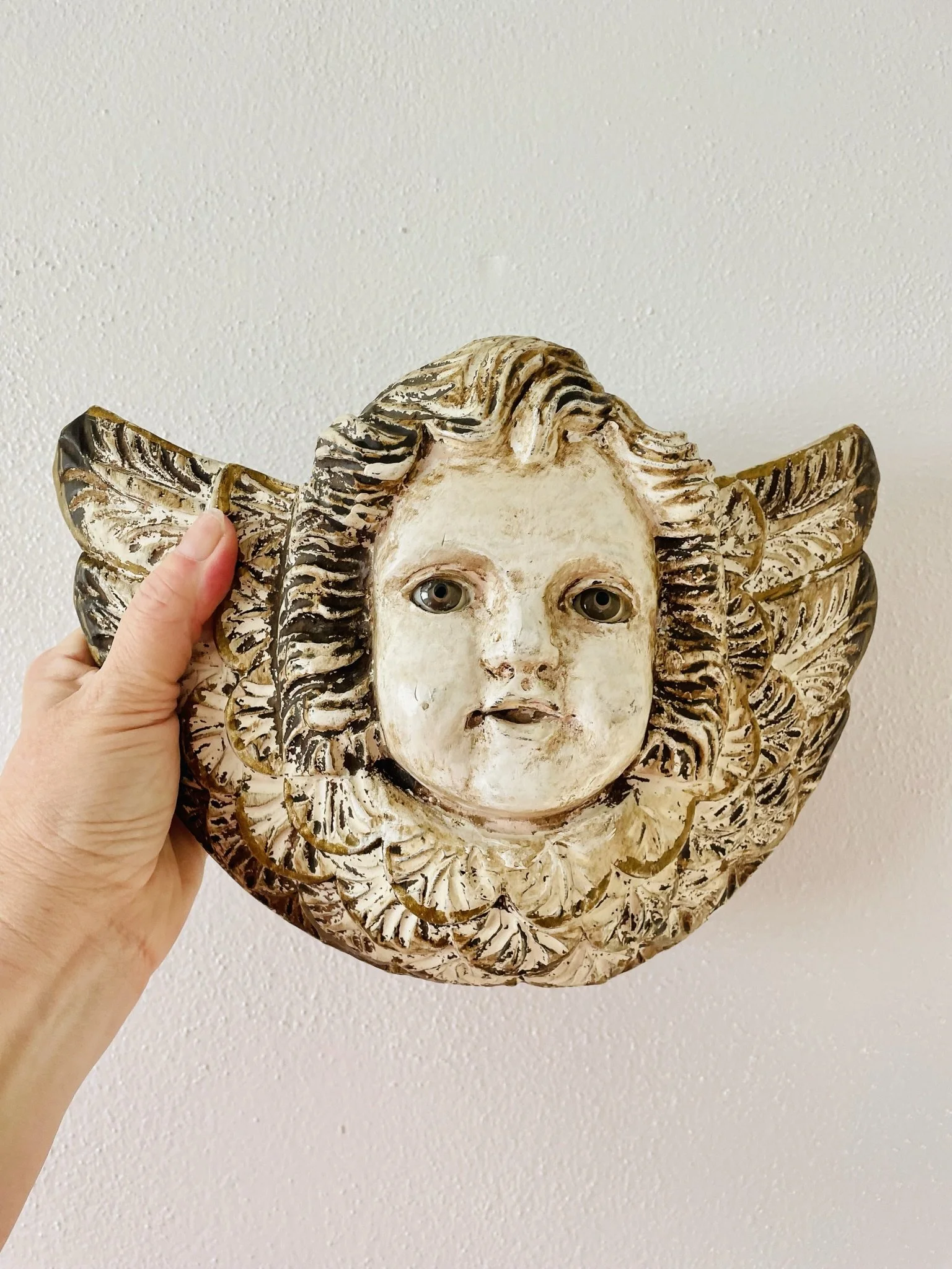 Antique Carved Wood Polychrome Putti Angel Head with Glass Eyes