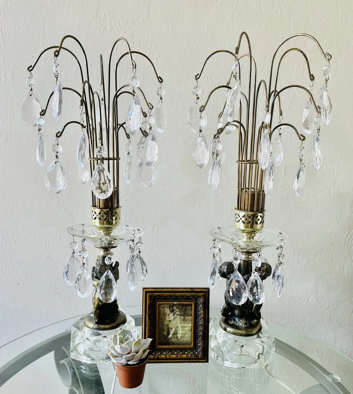 Vintage Hollywood Regency Waterfall Cherub Prism LampS