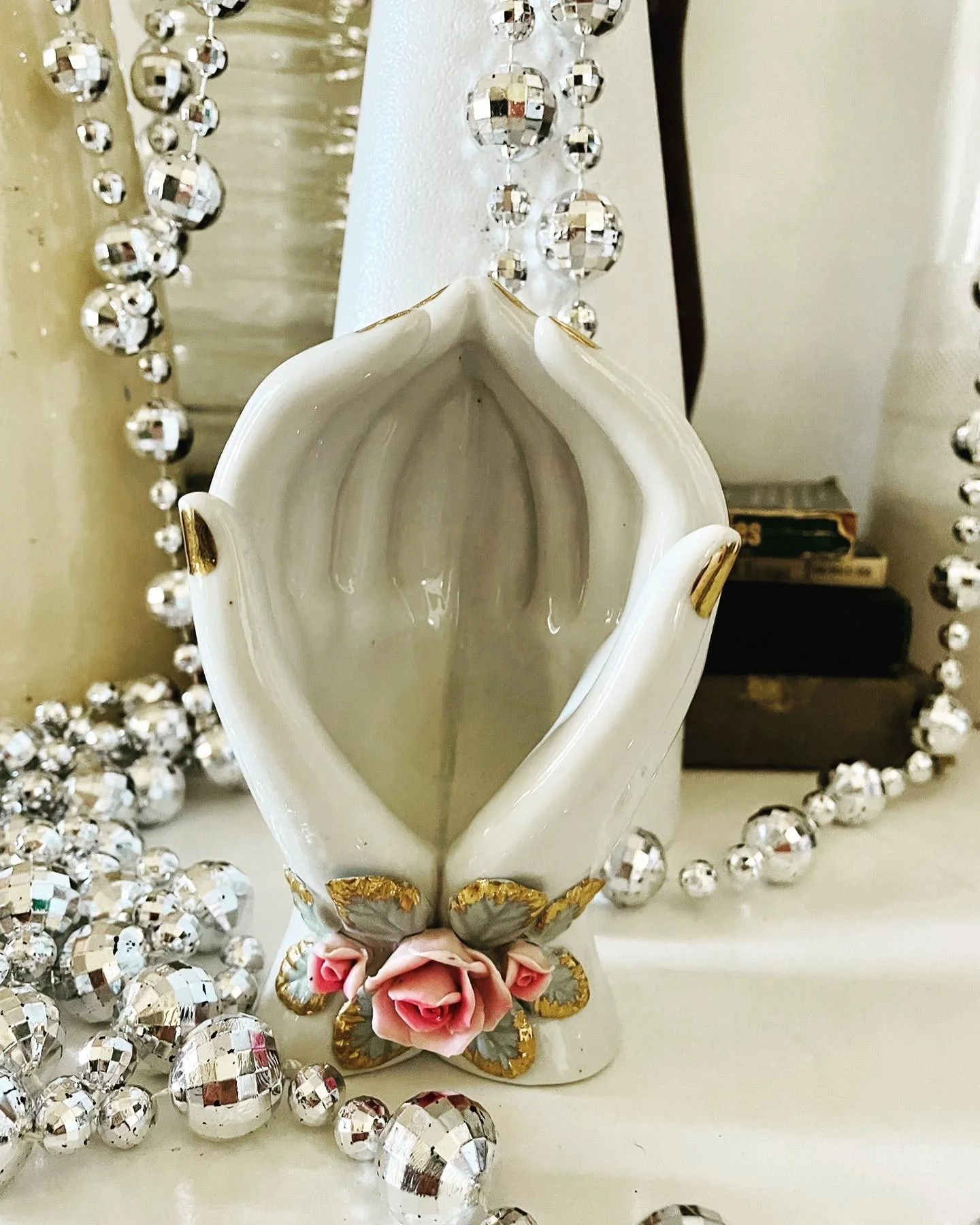 Vintage Cupped Hands Figure Made in Japan Ceramic Floral Decor