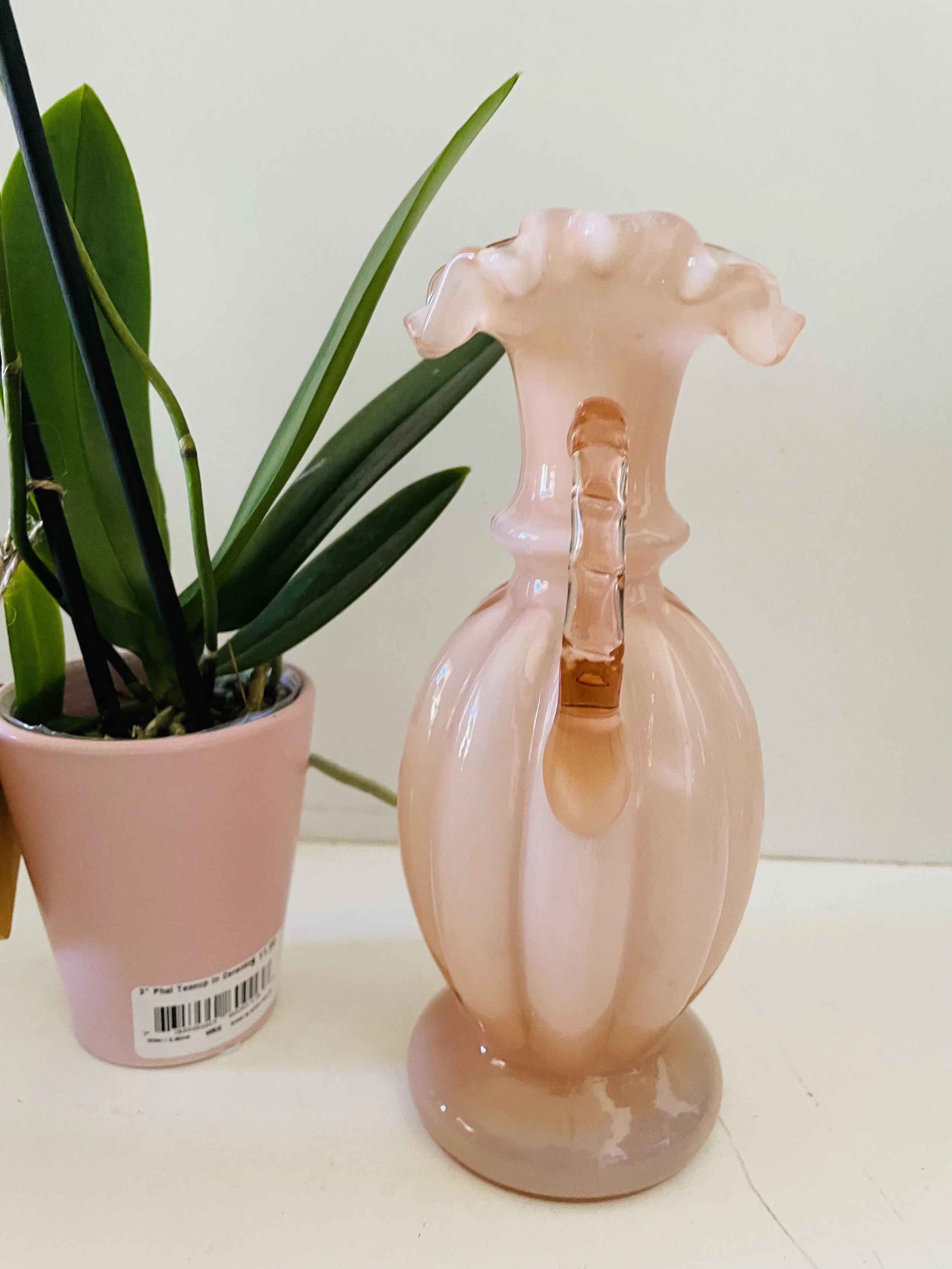 Vintage Fenton Melon Art Glass Vase Pitcher Rose Overlay 9” Tall