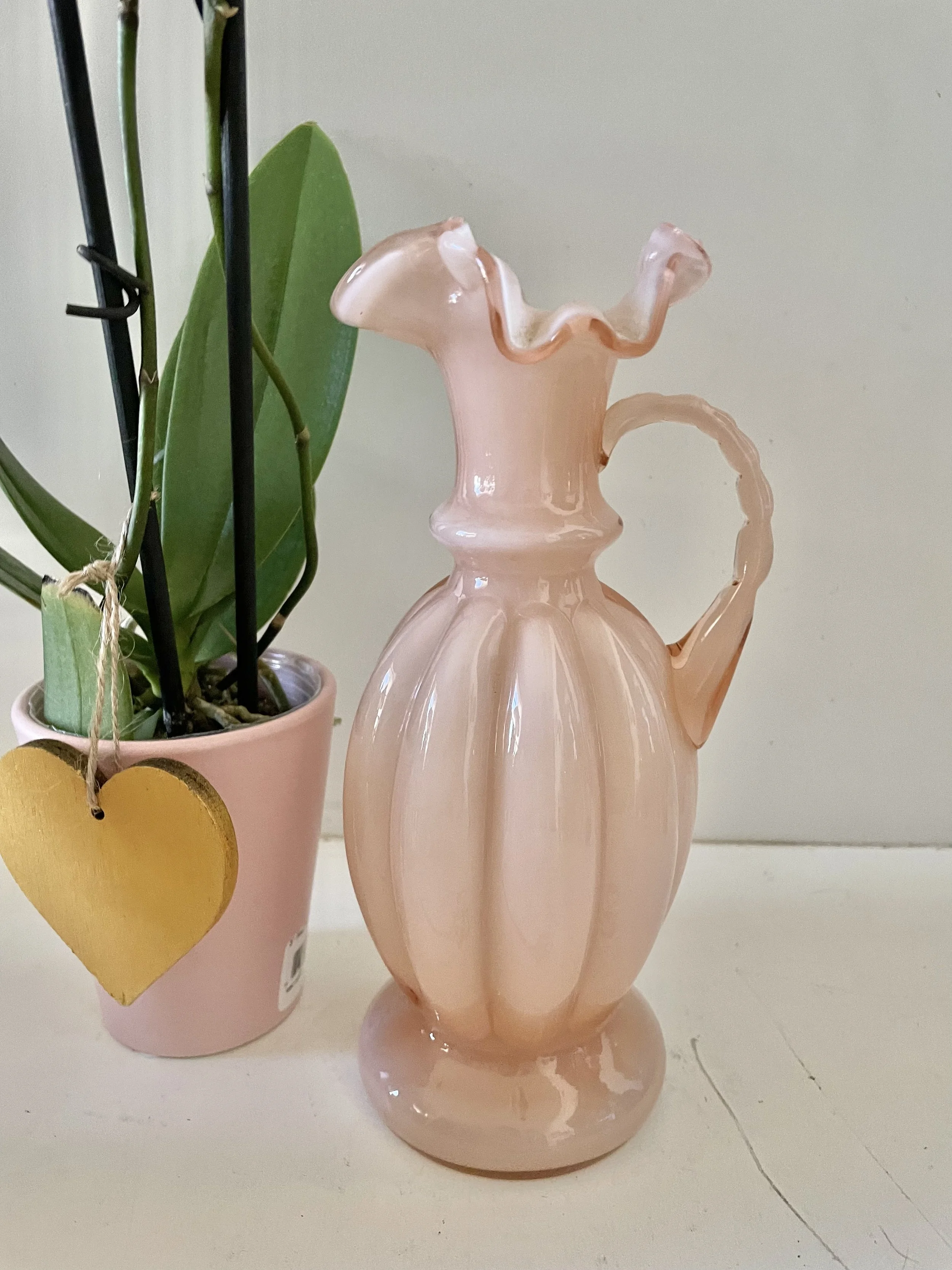 Vintage Fenton Melon Art Glass Vase Pitcher Rose Overlay 9” Tall.