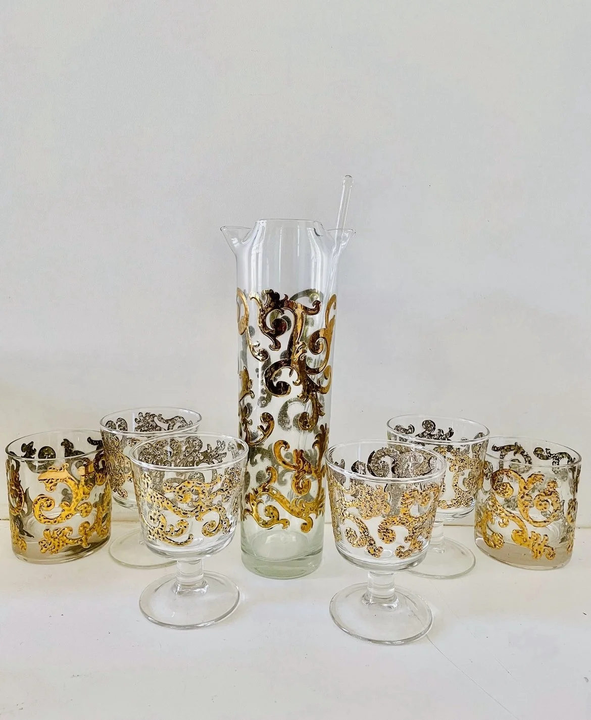 1960s Georges Briard Spanish Gold Scroll Barware, 7 Pieces