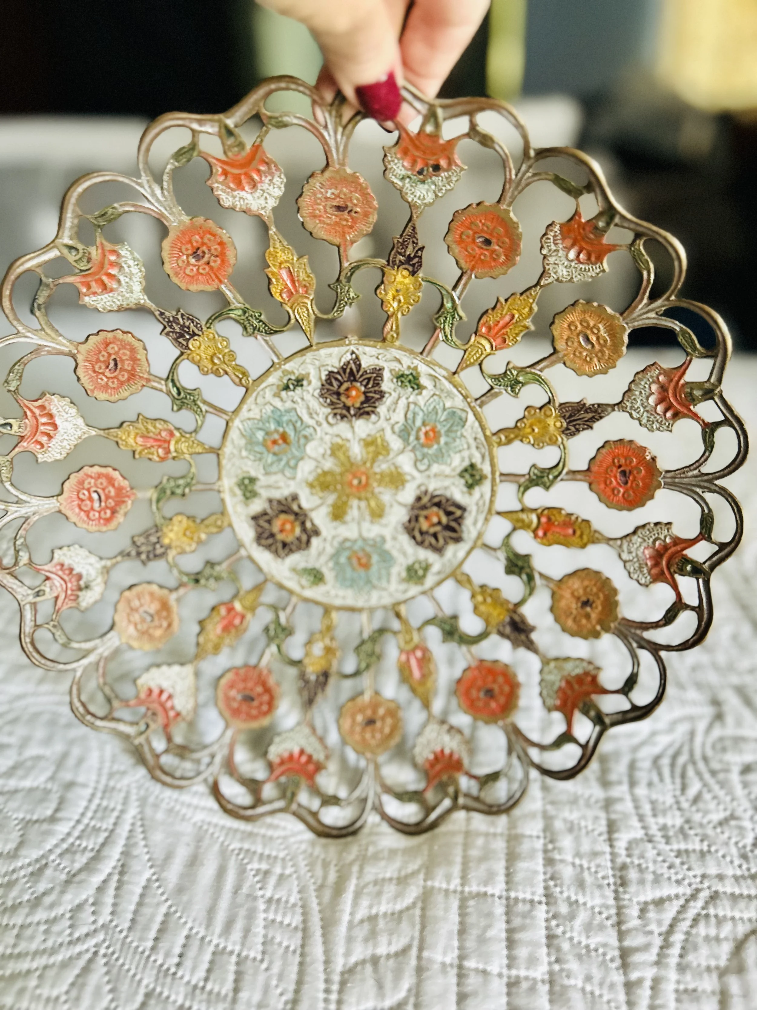 Penco Industries Enamled Brass Bowl, Vintage Floral Enamel Brass