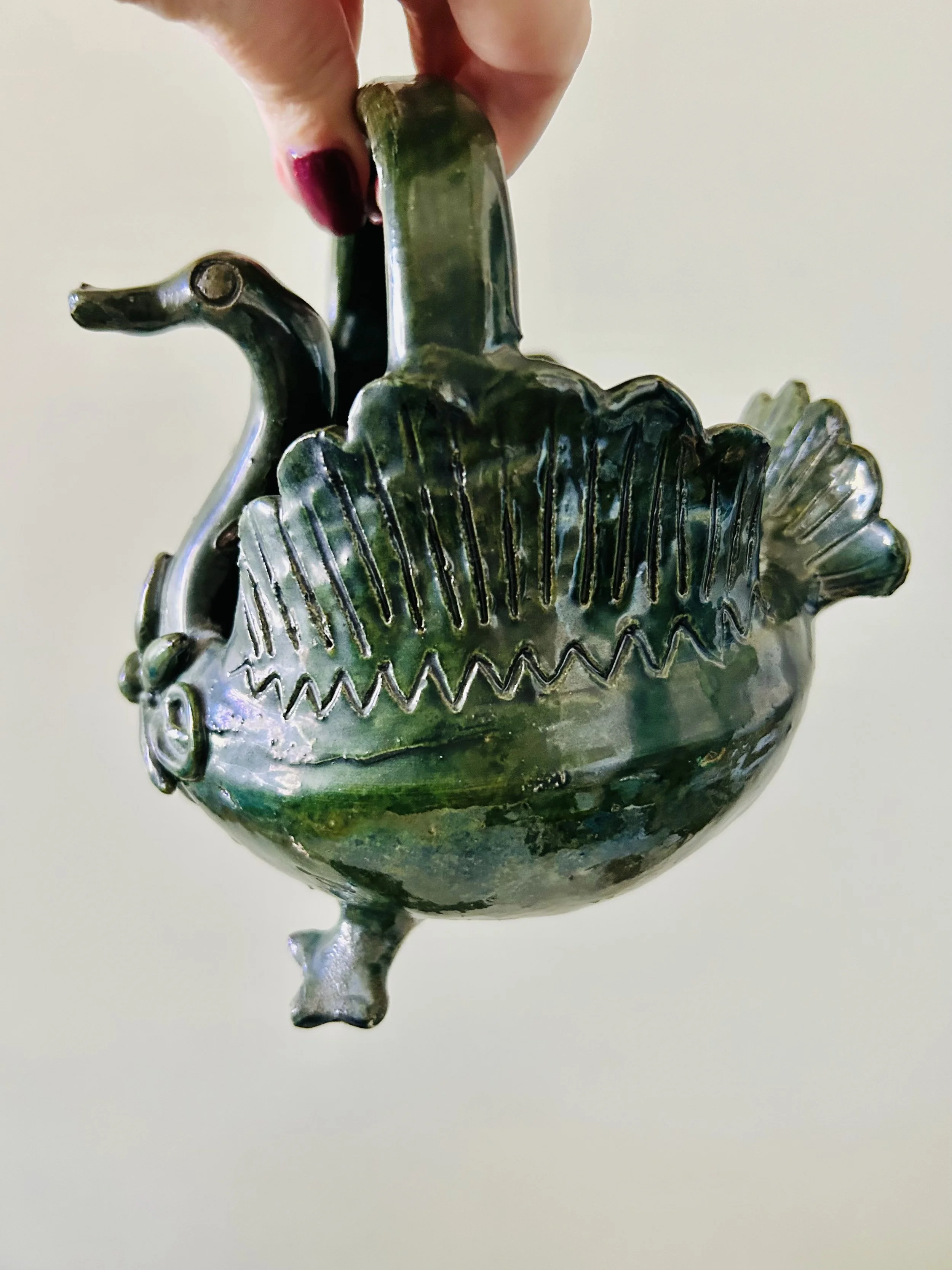 Rare Antique Majolica Art Pottery Duck Shaped Green Basket W/ Handle Goose Geese