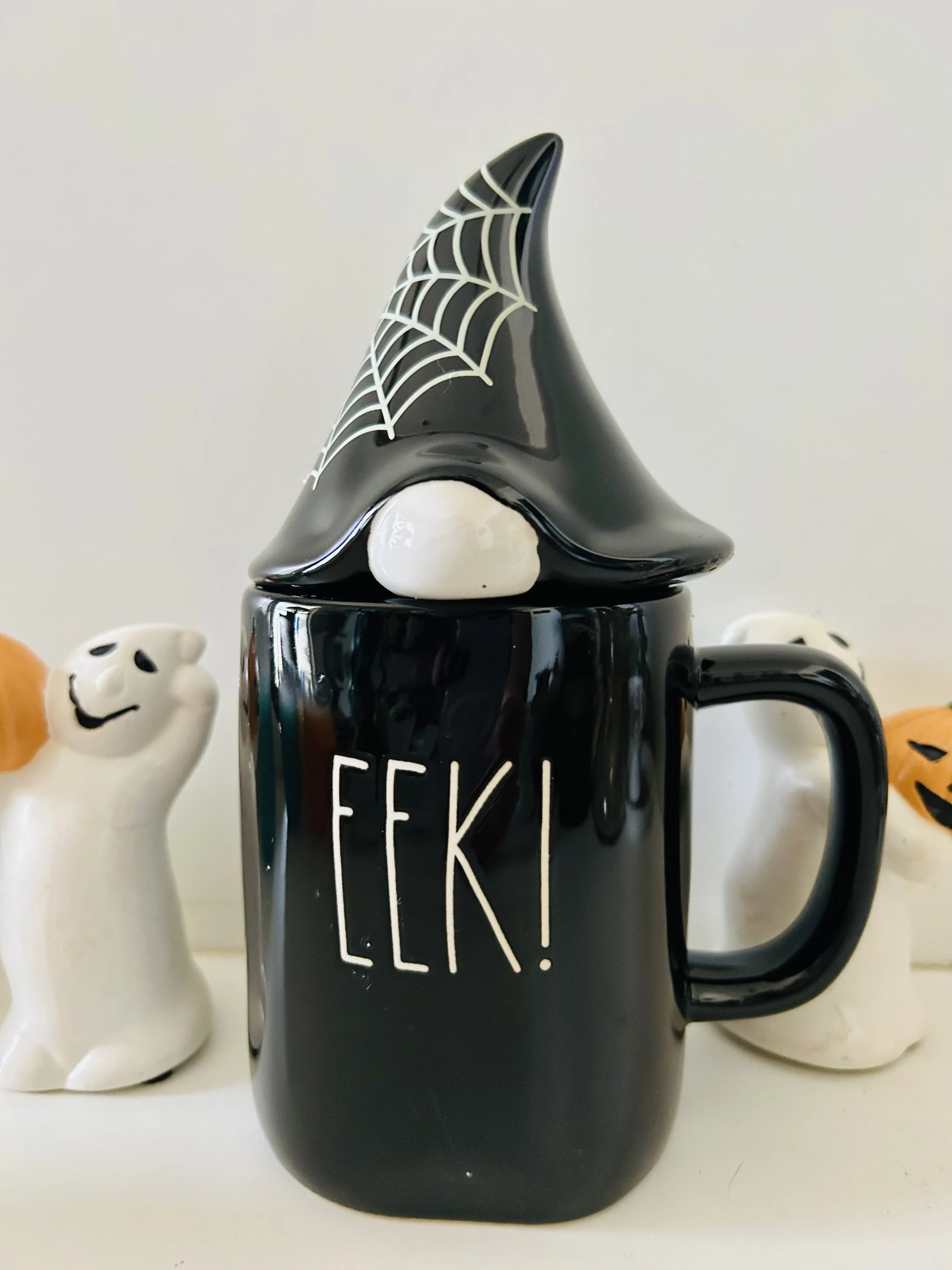 Rae Dunn EEK! Gnome Mug w/ Topper Halloween LL Magenta Artisan Spiderweb Coffee