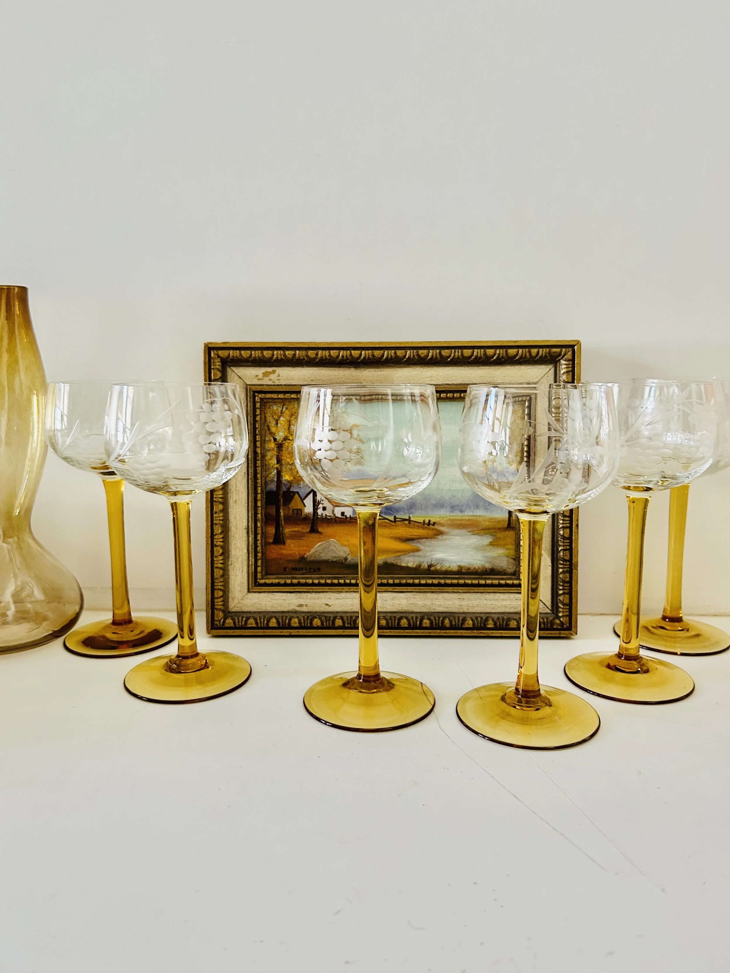 Set of 6 Vintage Amber Stem Hock Wine Glasses