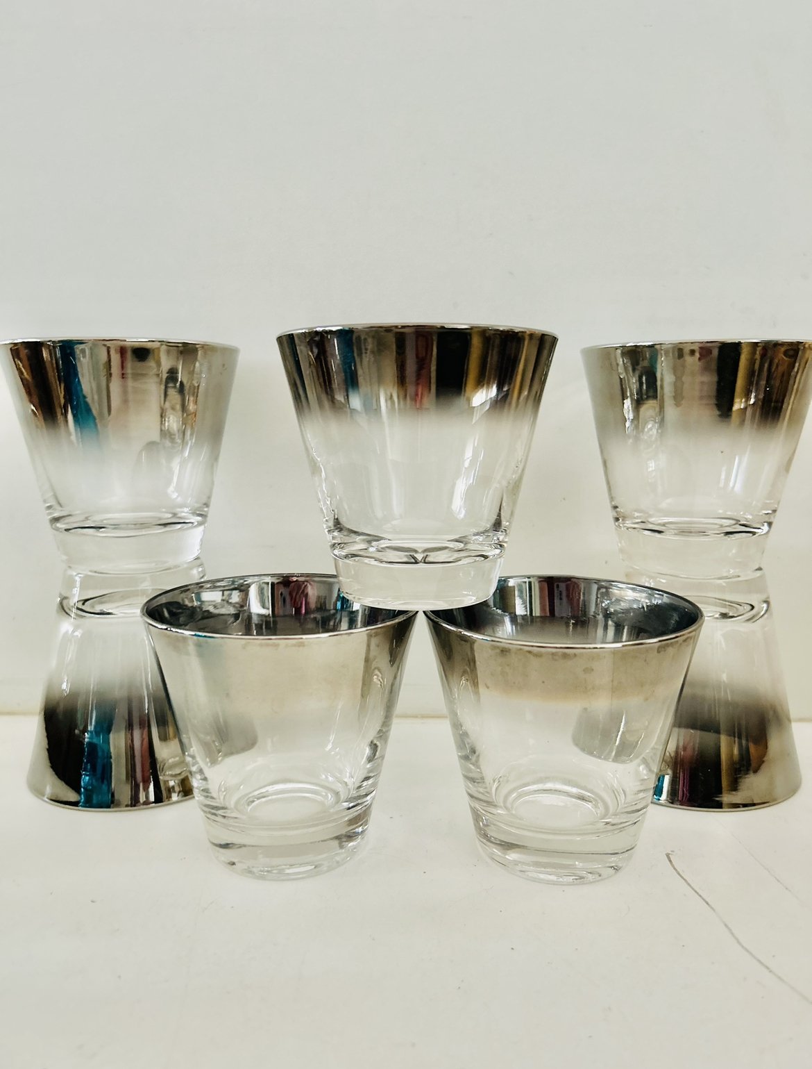 Set of 7 Silver Mercury Fade Lusterware Metallic Mid Century Double Old Fashion Cocktail Glasses