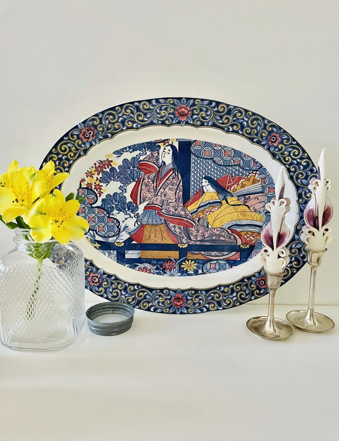 Williams Sonoma Large 18 x 14 Vintage Asian Platter Made in Japan, Oval Serving Platter with Floral Border