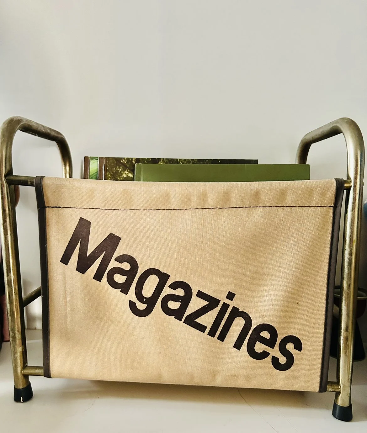 Vintage 1970s Fabric & Brass “Magazines” Rack