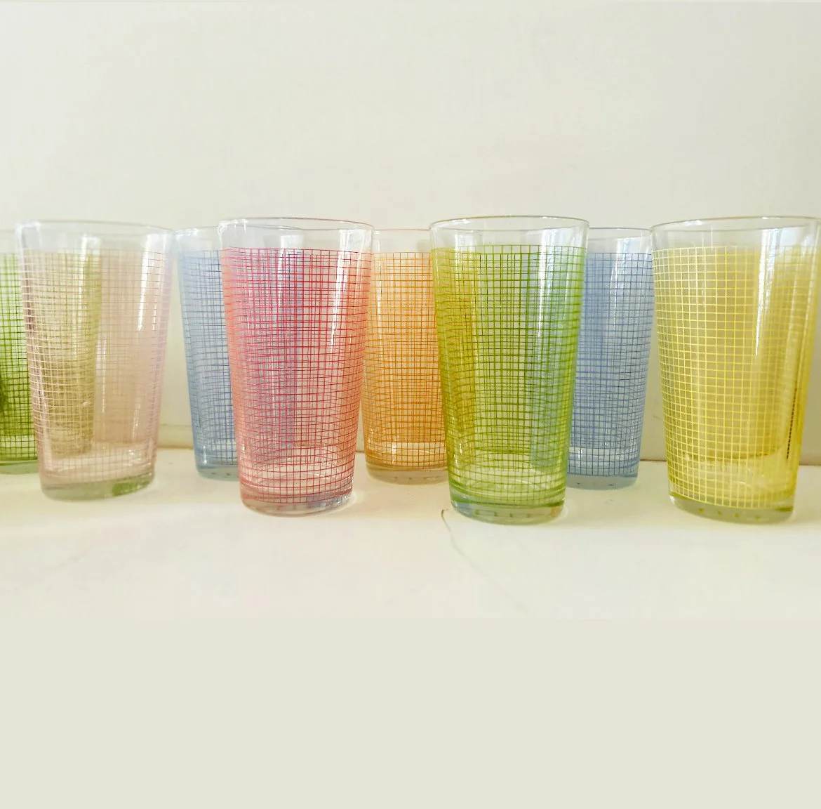 Set Of 8 Mid Century Grid Pattern Colorful Glasses