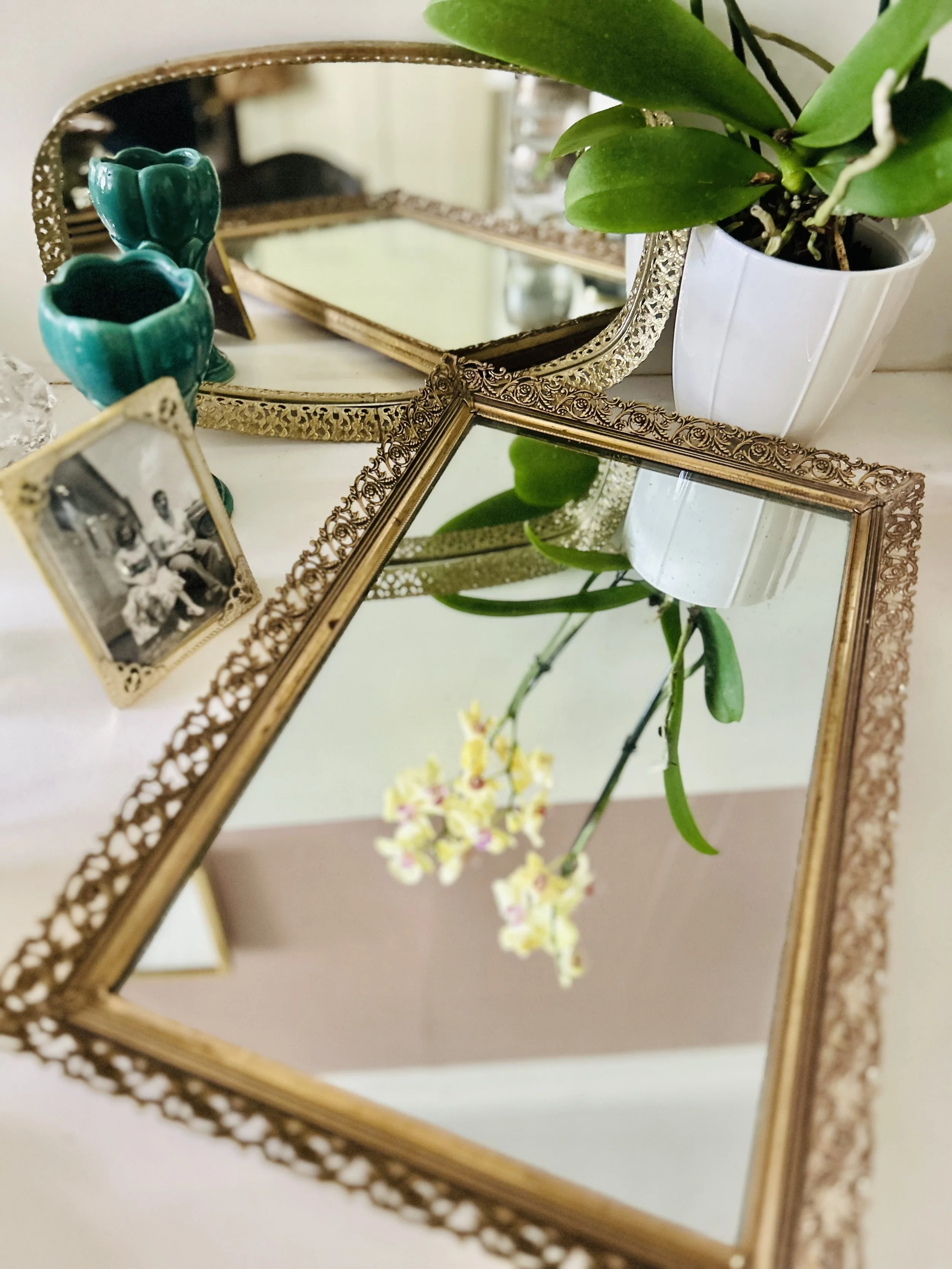 Vintage Mirrored Brass Vanity Tray