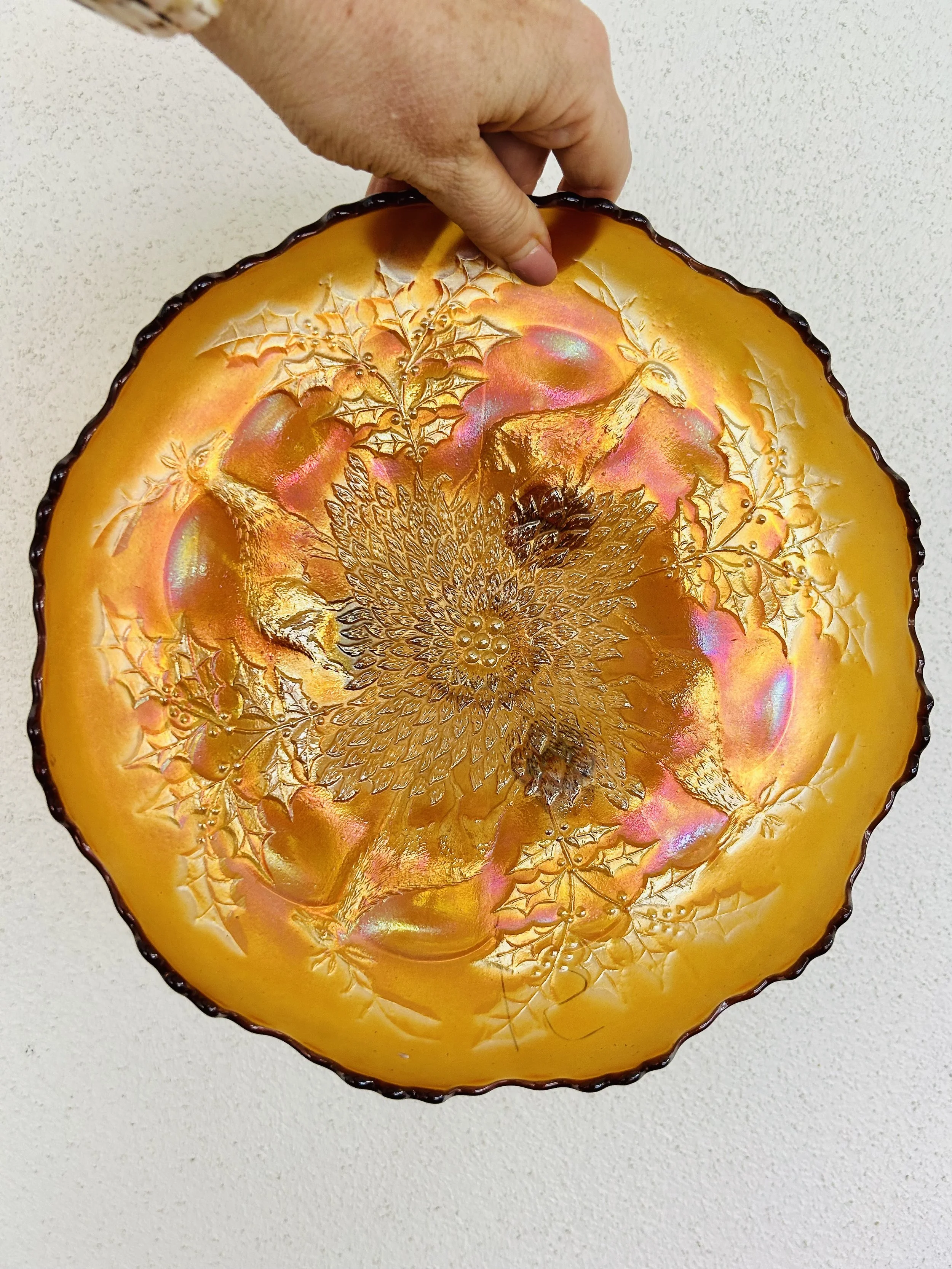 Beautiful Antique Orange Fenton Carnival Glass Footed Bowl Reindeer Stag & Holly