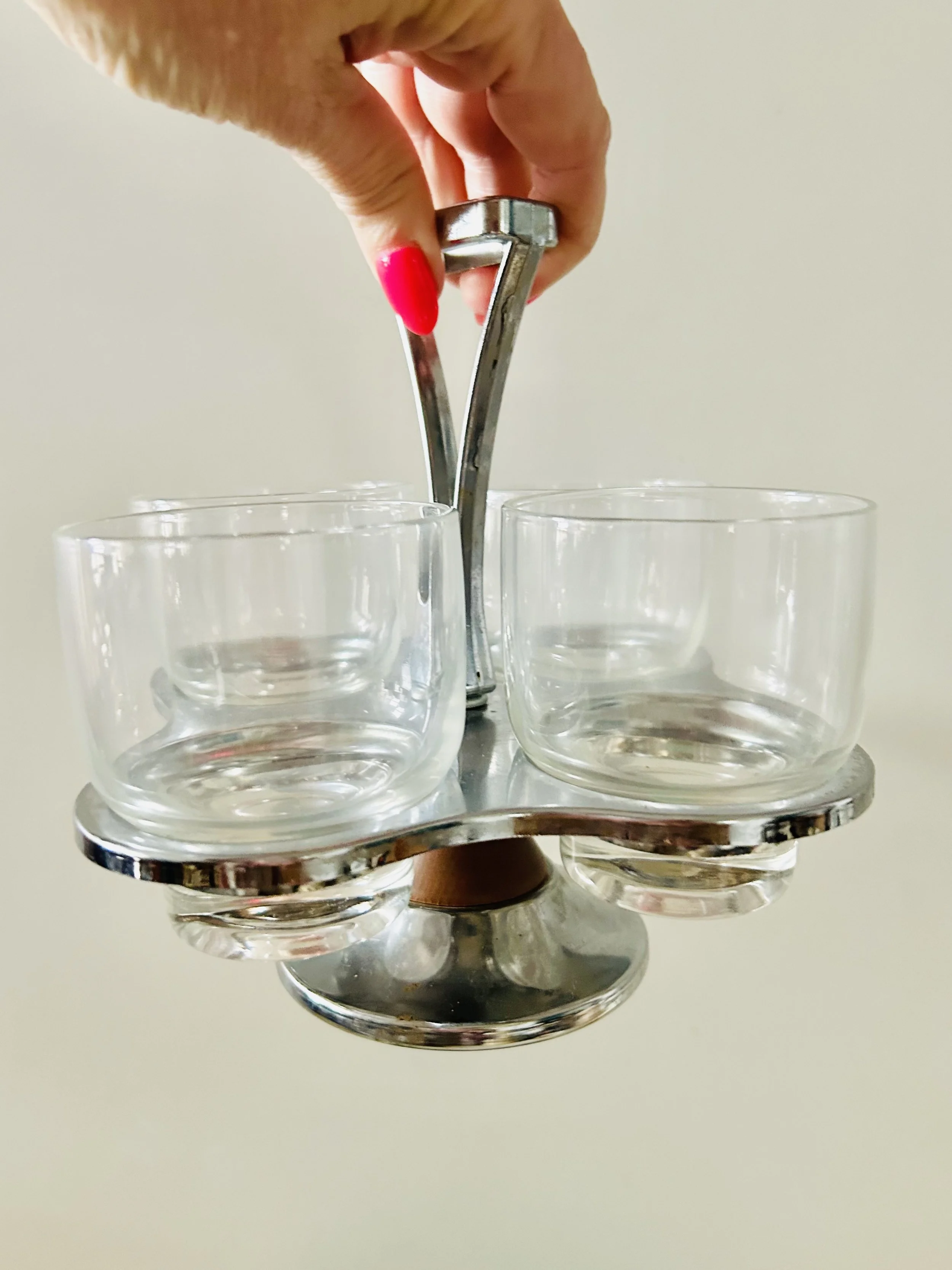 Mid Century Modern Lazy Susan Chrome and 4 Glass Bowl Inserts, Condiment Server