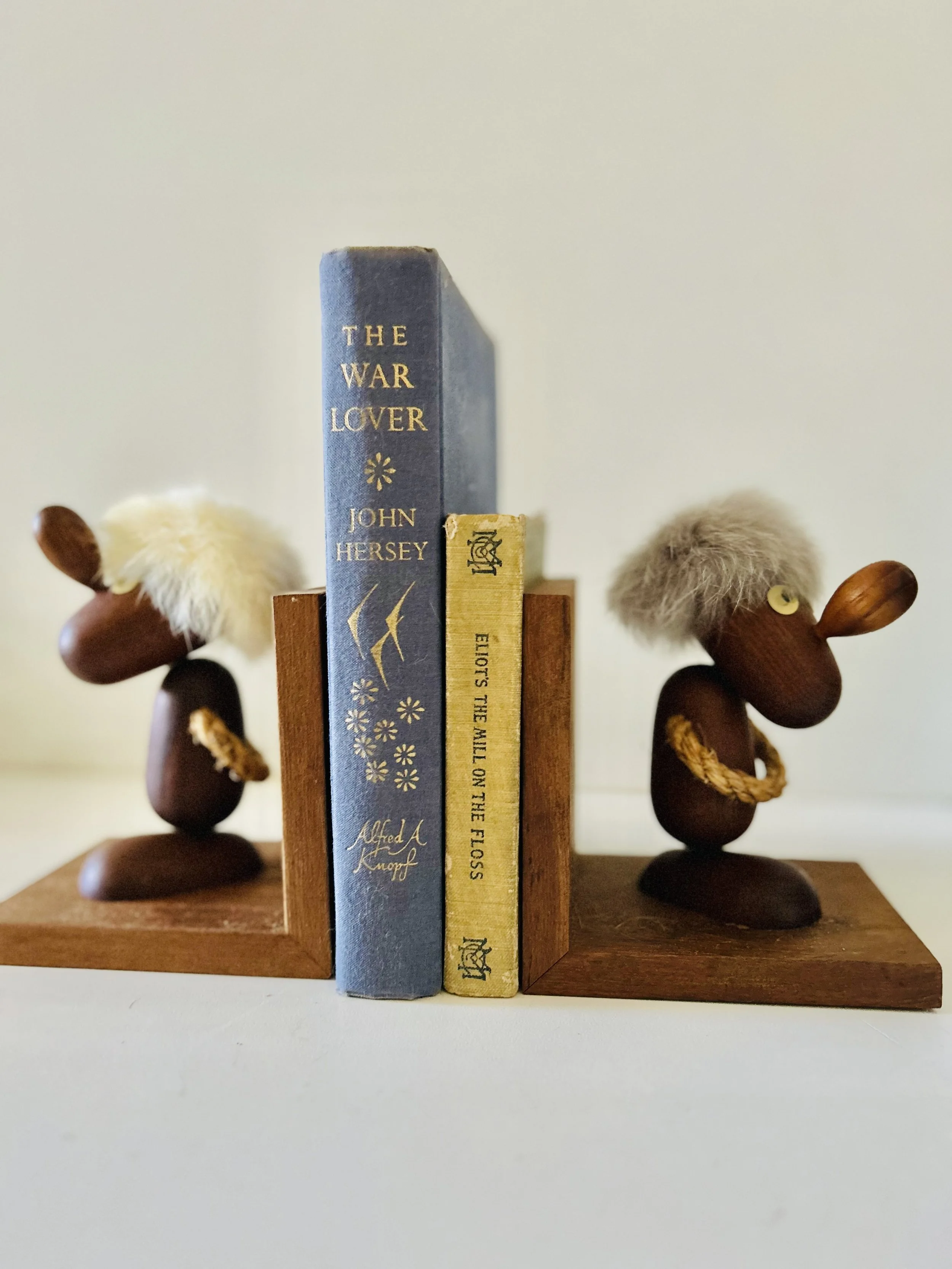 Vtg MCM Teak Wood Bookends Optimist & Pessimist Gonk Troll Figures Hans Bolling