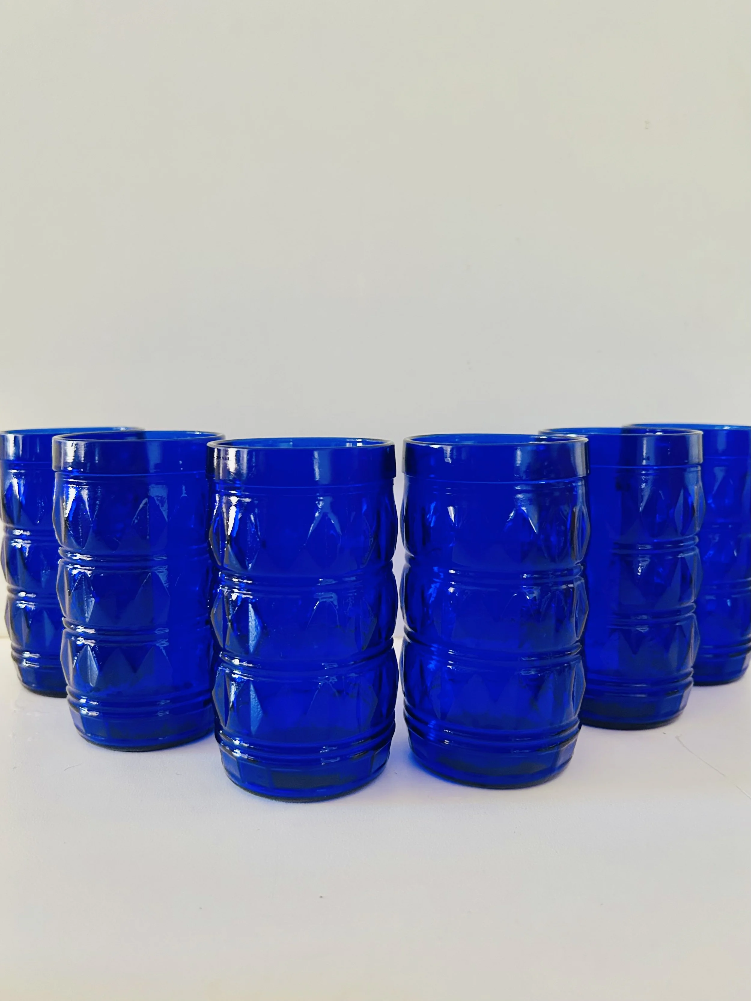 Vintage Cobalt Blue Francesinho Diamond Pattern Drinking Glasses Brazil 4 1/2"