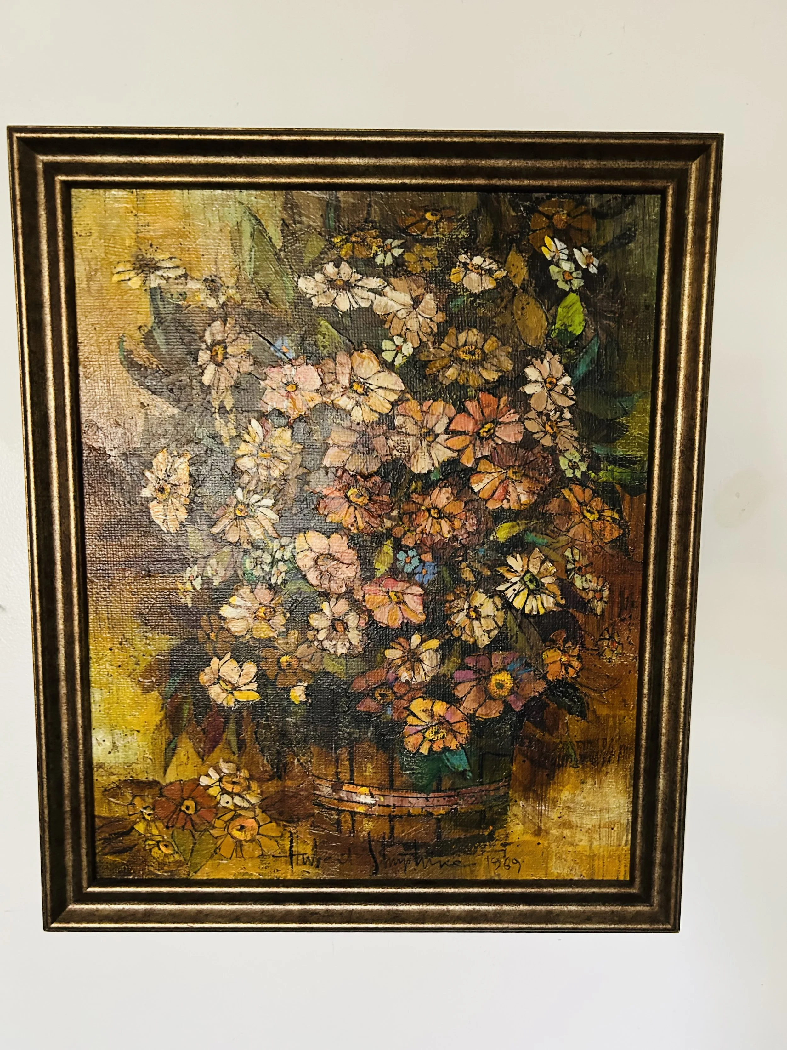 Midcentury Signed Pallet Knife Oil Painting Still Life of Flowers