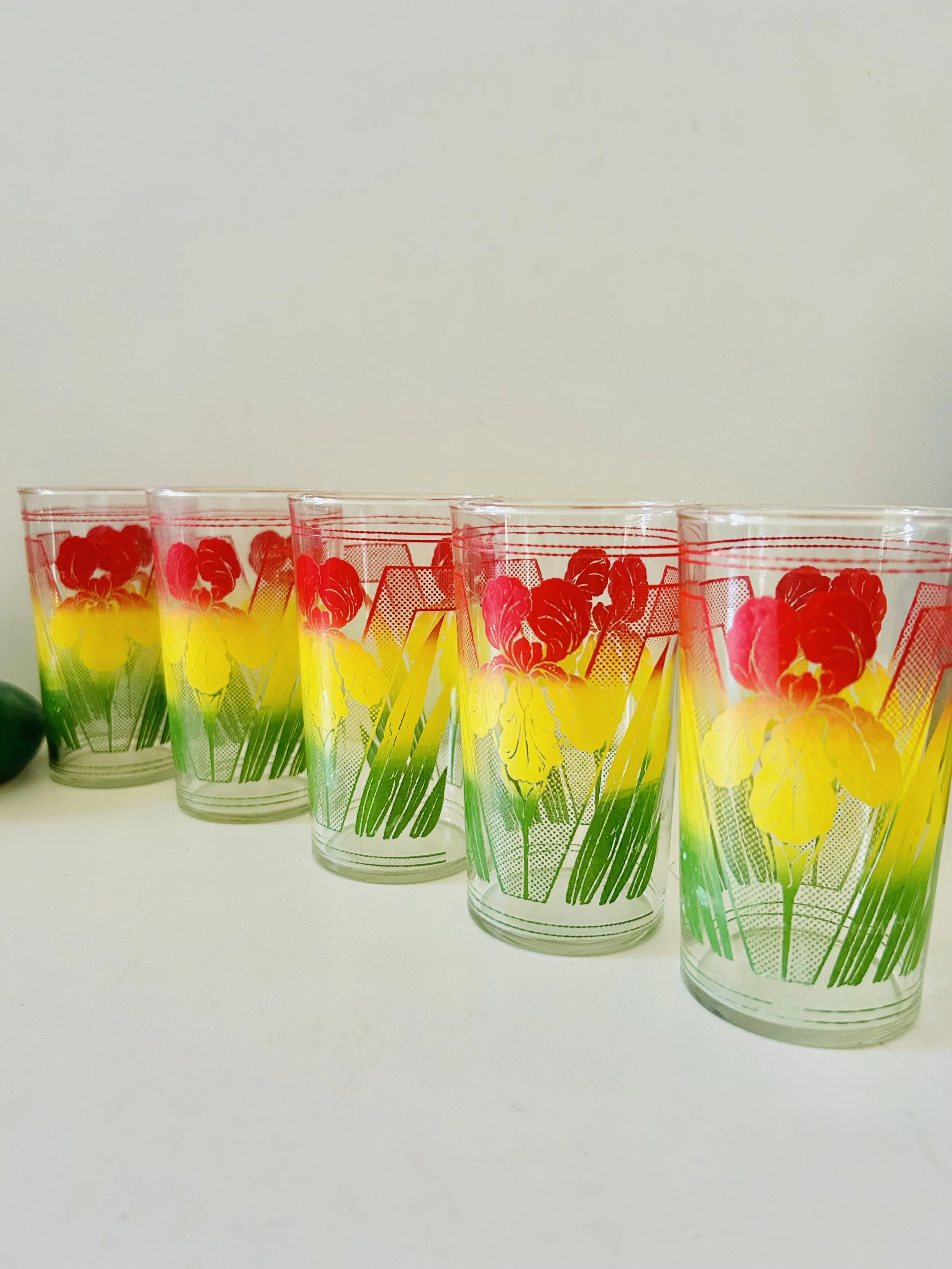 Mid Century Modern Swanky Swig Juice Glasses, 1950s Floral Glass Drinkware