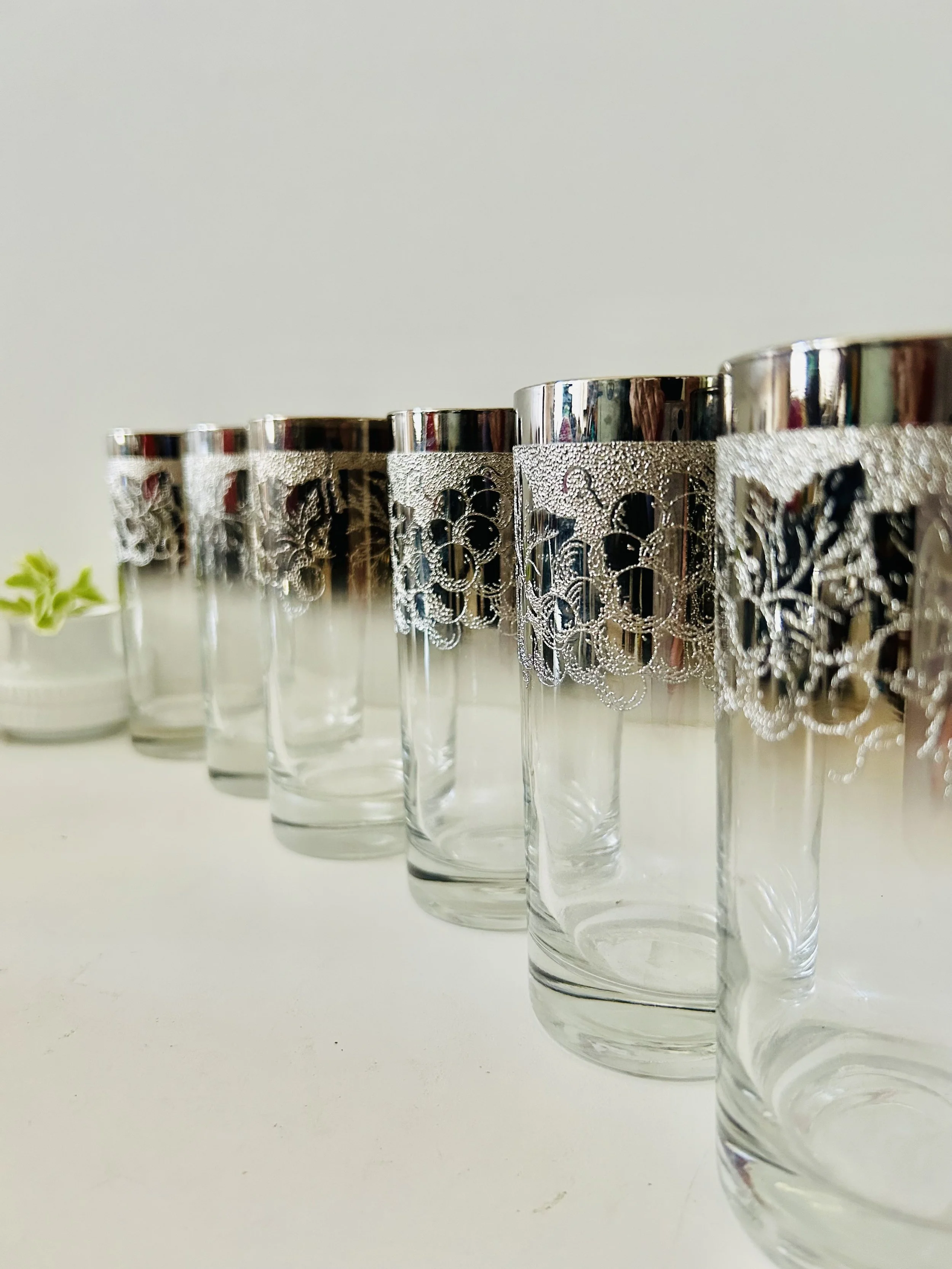 Mid-Century Vitreon Queen's Lusterware Etched Silver Faded Long Drink Glasses - Set of 6