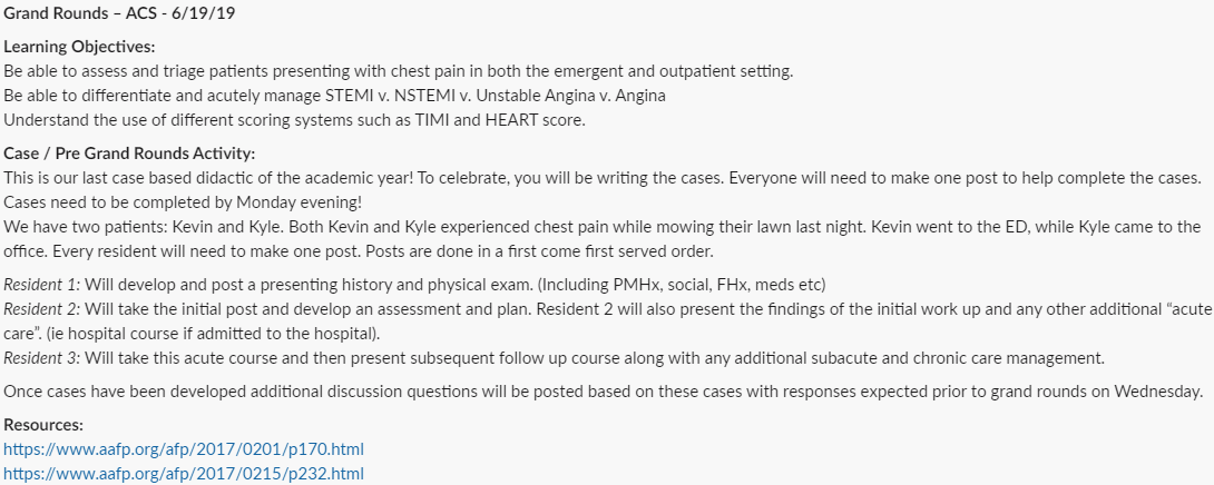 Example of a case presentation and Pre-Grand Rounds Activity posted on Slack