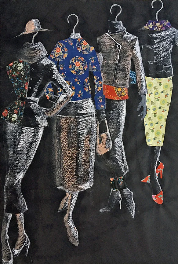 Wrapped Gifts , 2018 (revised), 42”x62”, Gift-wrapping paper, Charcoal and Crayon on Paper