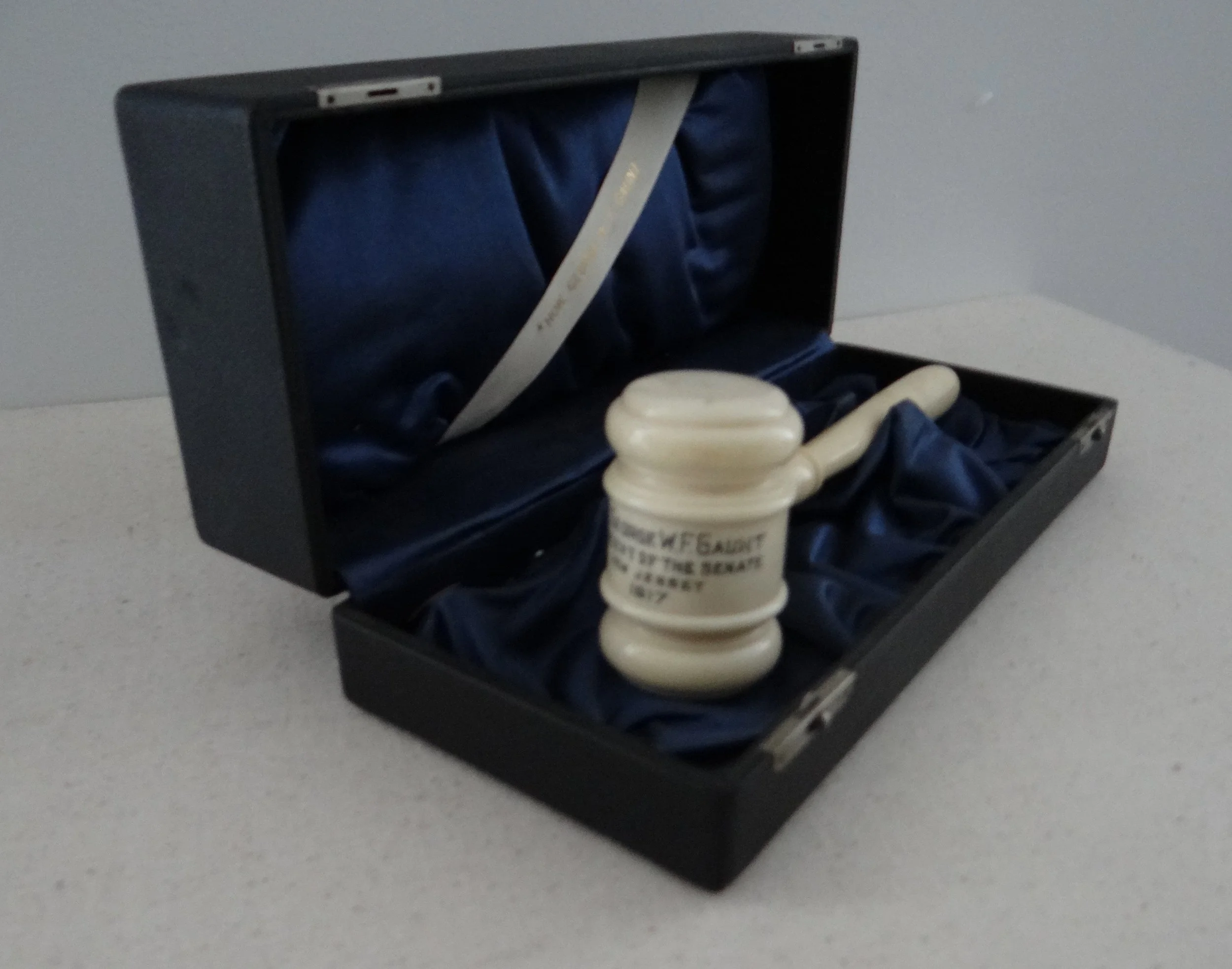   Ceremonial Gavel and Presentation Case. Inscribed-  Hon. George W. F. Gaunt/President of the Senate/New Jersey/1917,  1917. As President of the Senate, Mullica Hill’s George W. F. Gaunt served as Acting Governor when the Governor was out of state. 
