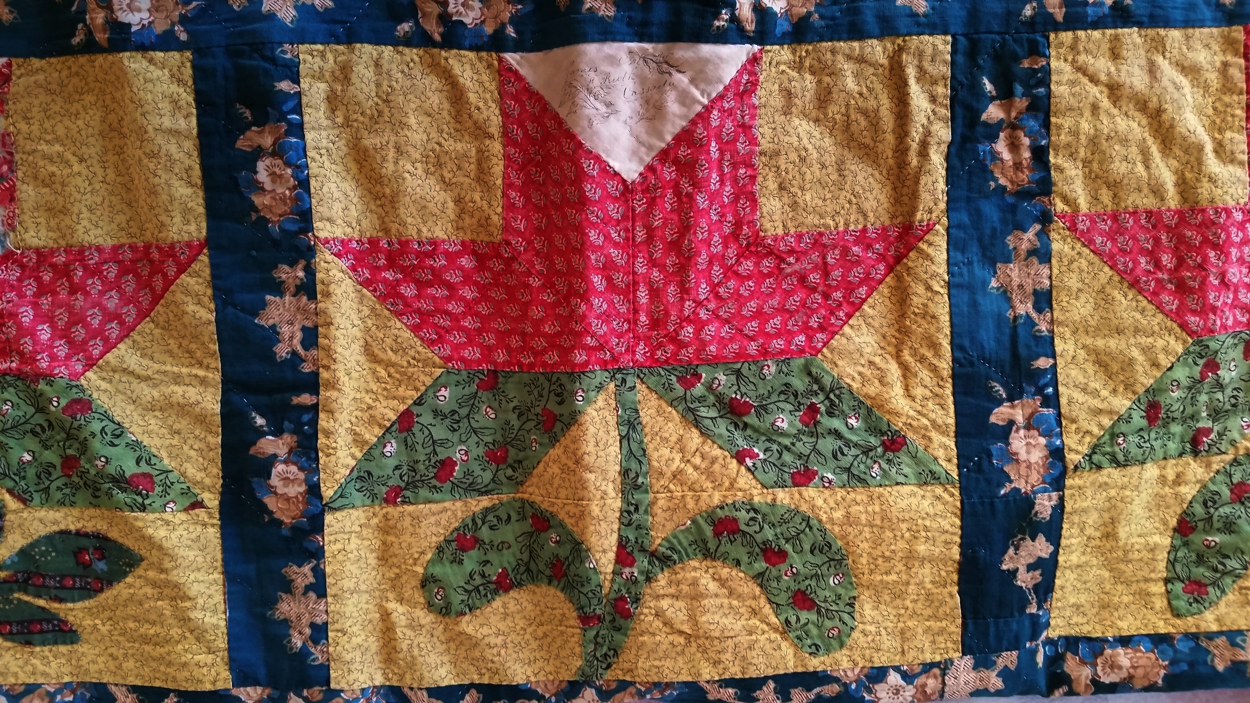   Friendship Quilt (detail), c1840-1850. This quilt descended through the Gardiner family of Mullica Hill. Each block contains a stamped or calligraphic signature. [HTHS: Gift of Doris Broomell Gardiner]  