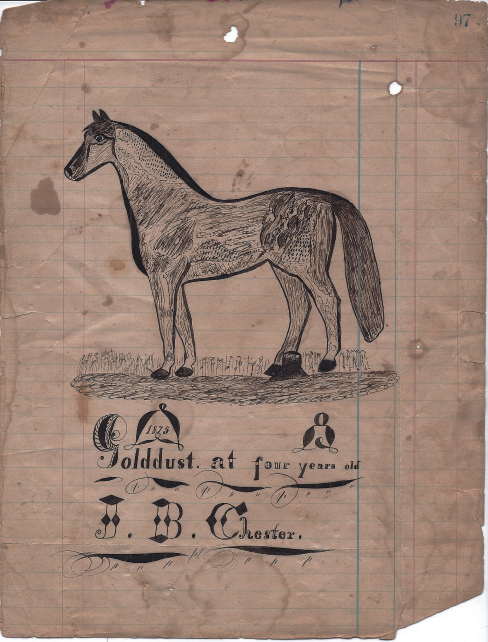   Josiah B. Chester, artist,  Golddust at four-years old . Harrison Township, 1875]. Chester was a tenant farmer and basketmaker. His journal is illustrated with creative and whimsical drawings that establish him as one of Harrison Township’s importa