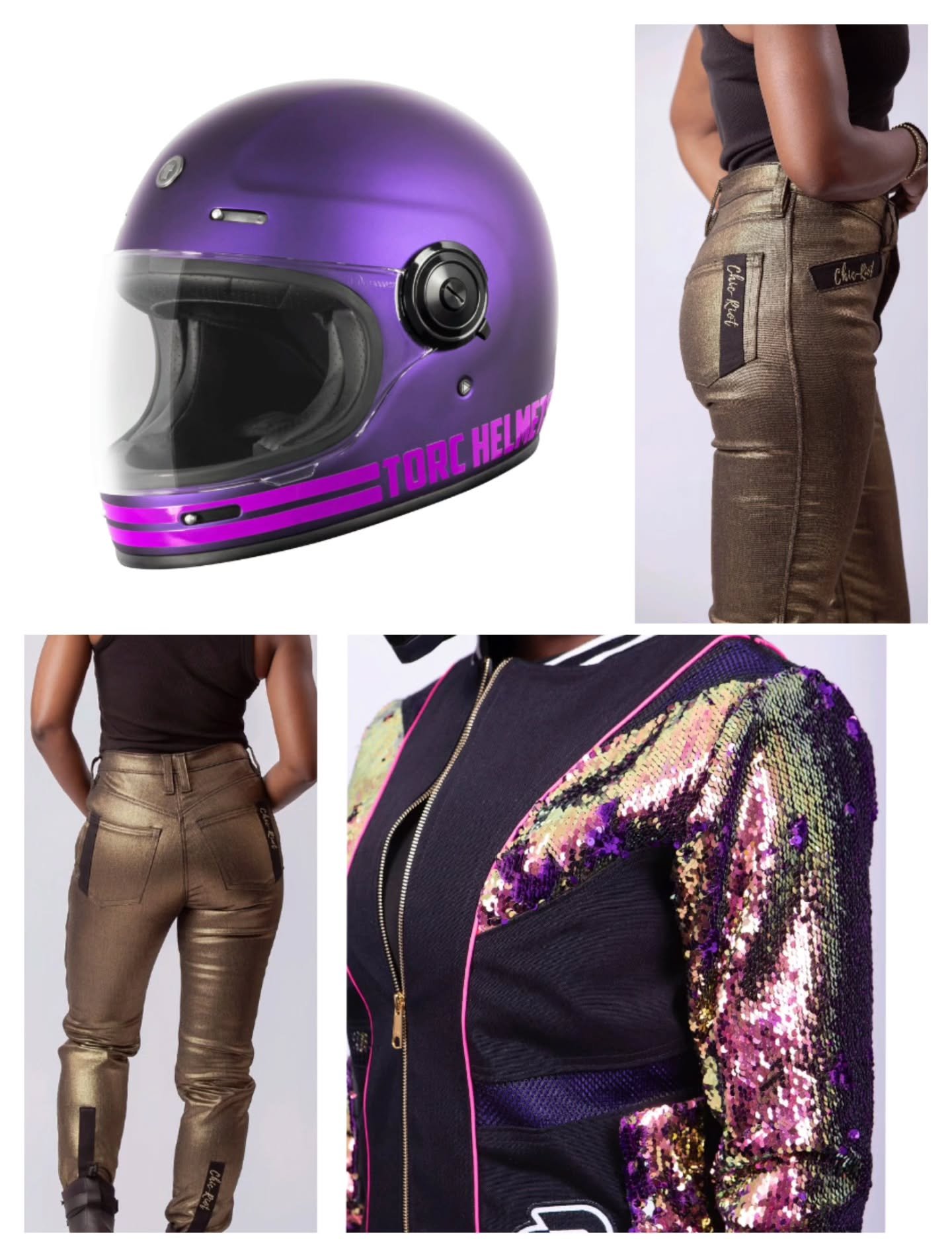 What's your favorite gear combo?!! 1 or 2 

💜💛 | 🩵🤍

www chicriot.com | Where fashion meets safety. 

Chic Riot x @torchelmets makes for a perfect combo! 🔥

#chicriot #TorcHelmets #motogear #motoapparel #bikerbabe