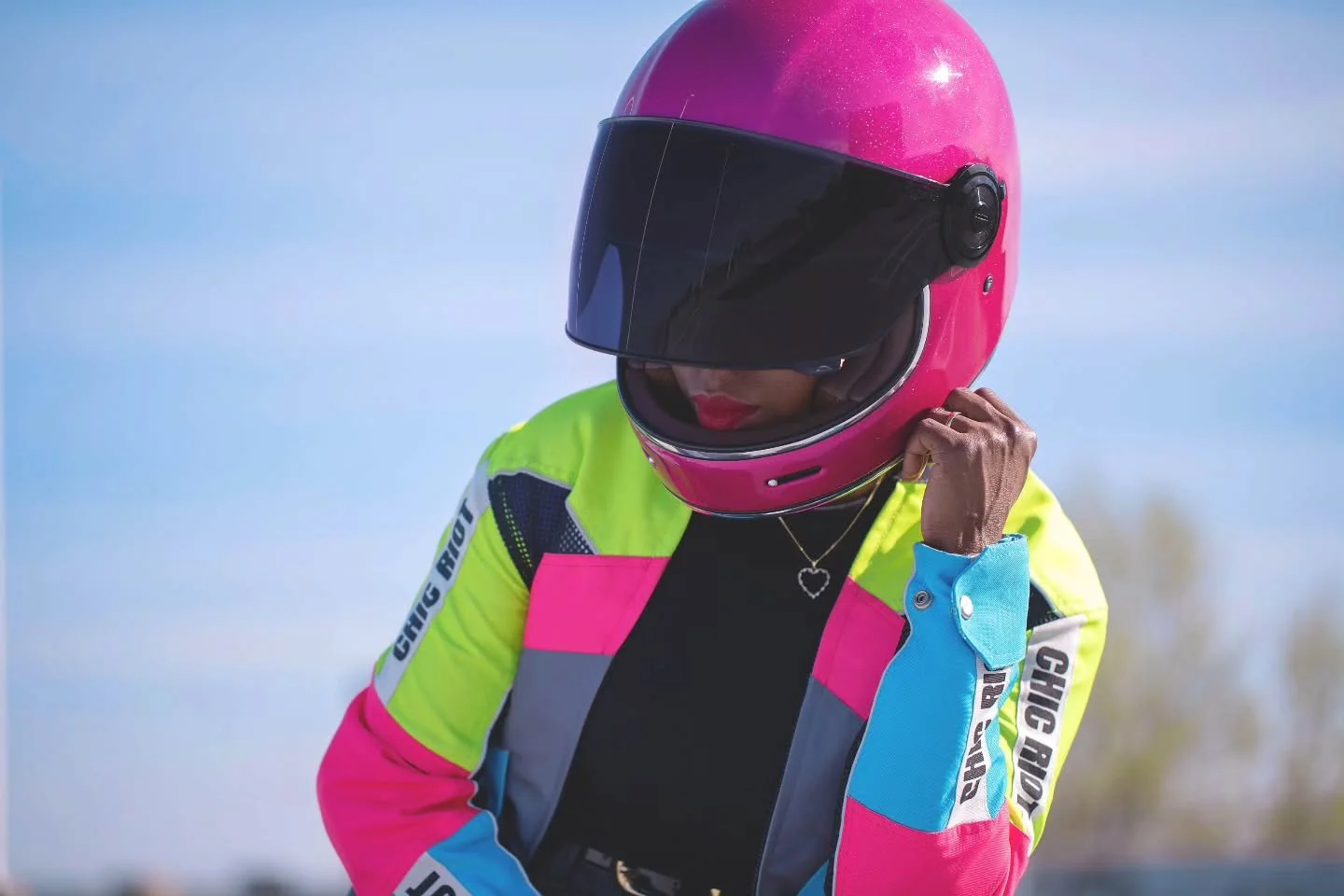 Our multi-colored, hi-viz women's motorcycle jacket is almost gone! Be sure to grab one! Limited sizes available. 

And with this sparkling bubble gum pink helmet 💖 @torchelmets it's definitely a winning match! 

Visit us @ www.chicriot.com | Where 