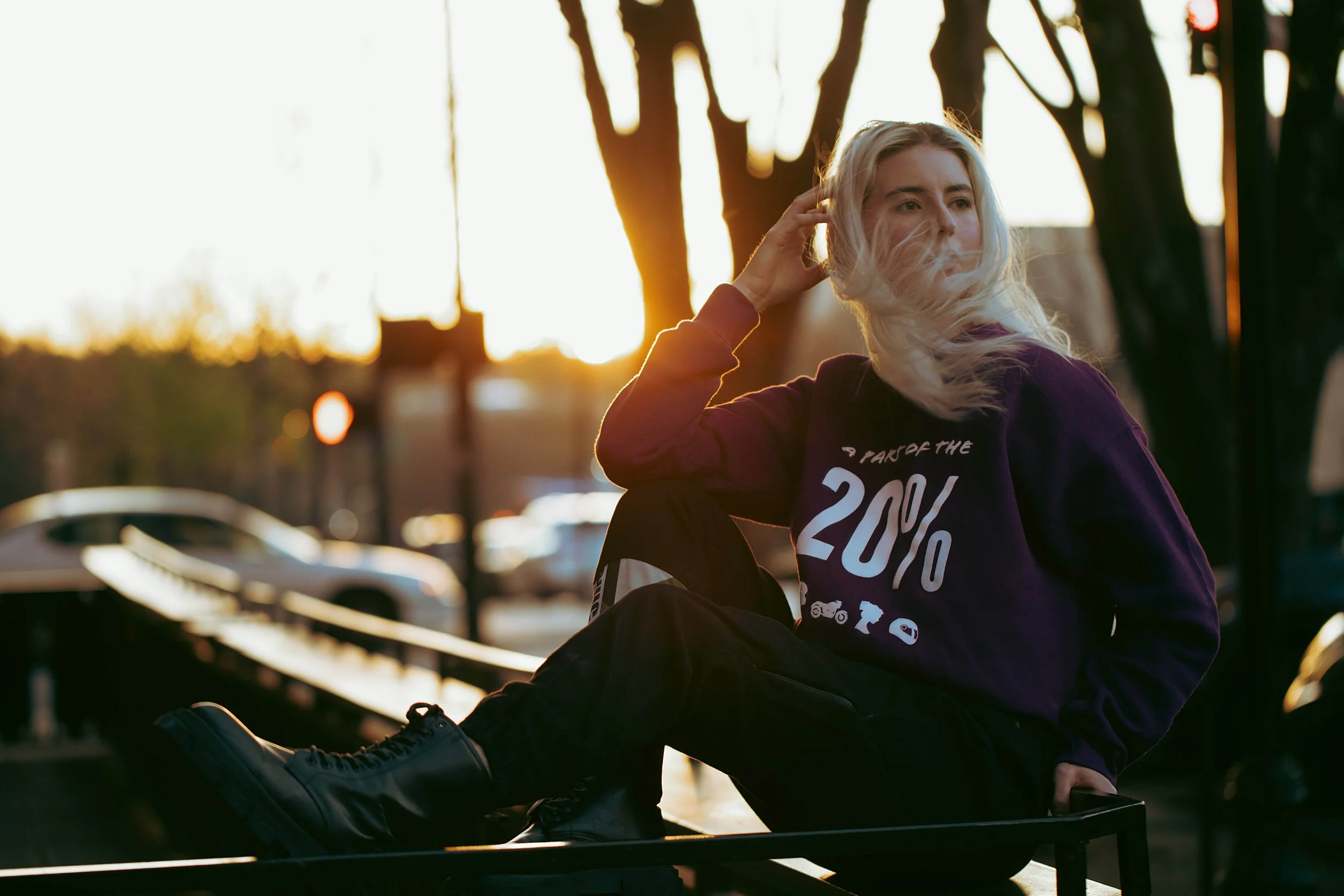 Chic-Riot-20-Percent-Purple-Hoodie-Brittney-Downtown-Athens-Sitting.jpg