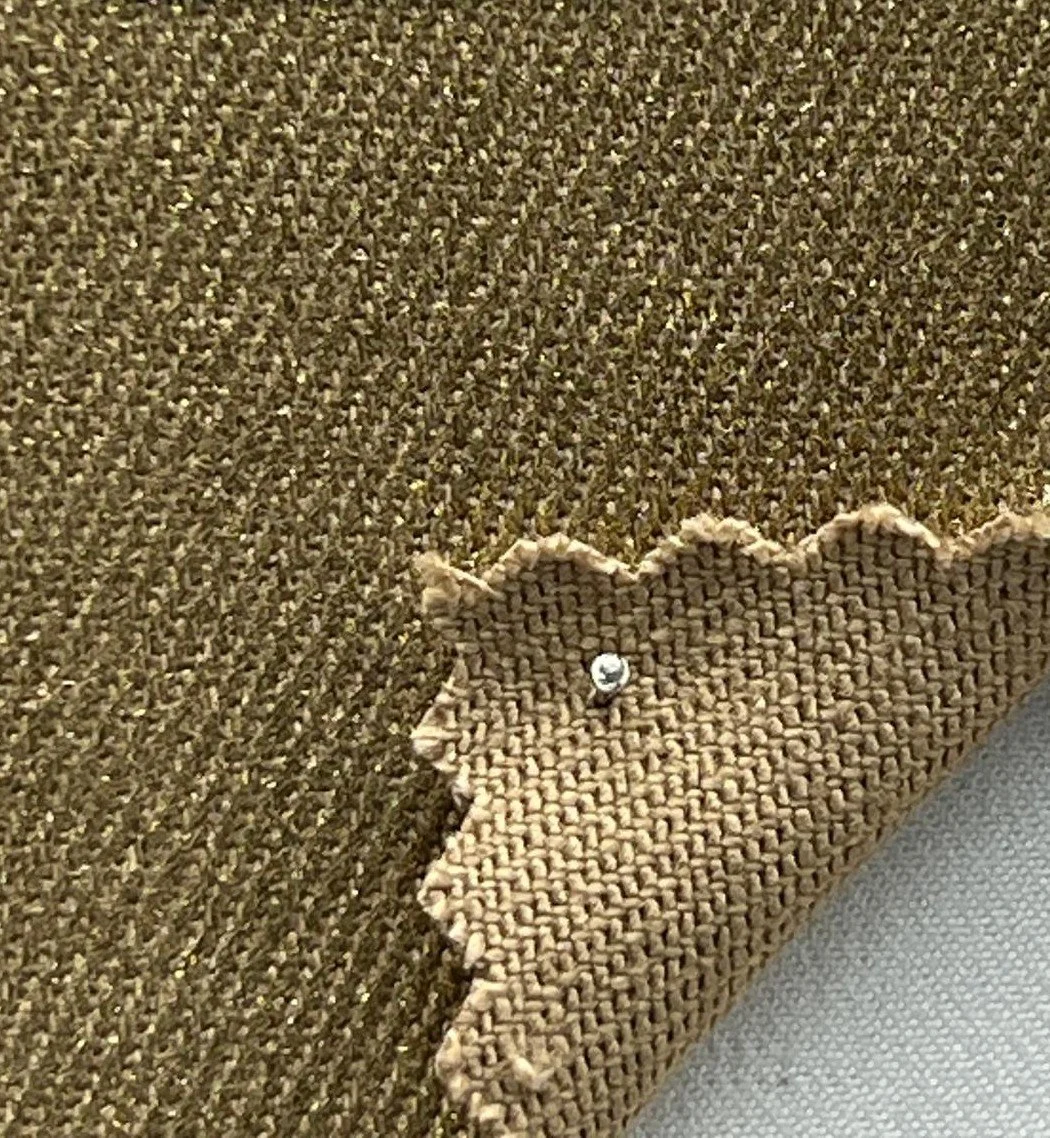 Close-up of moto pants fabric in gold