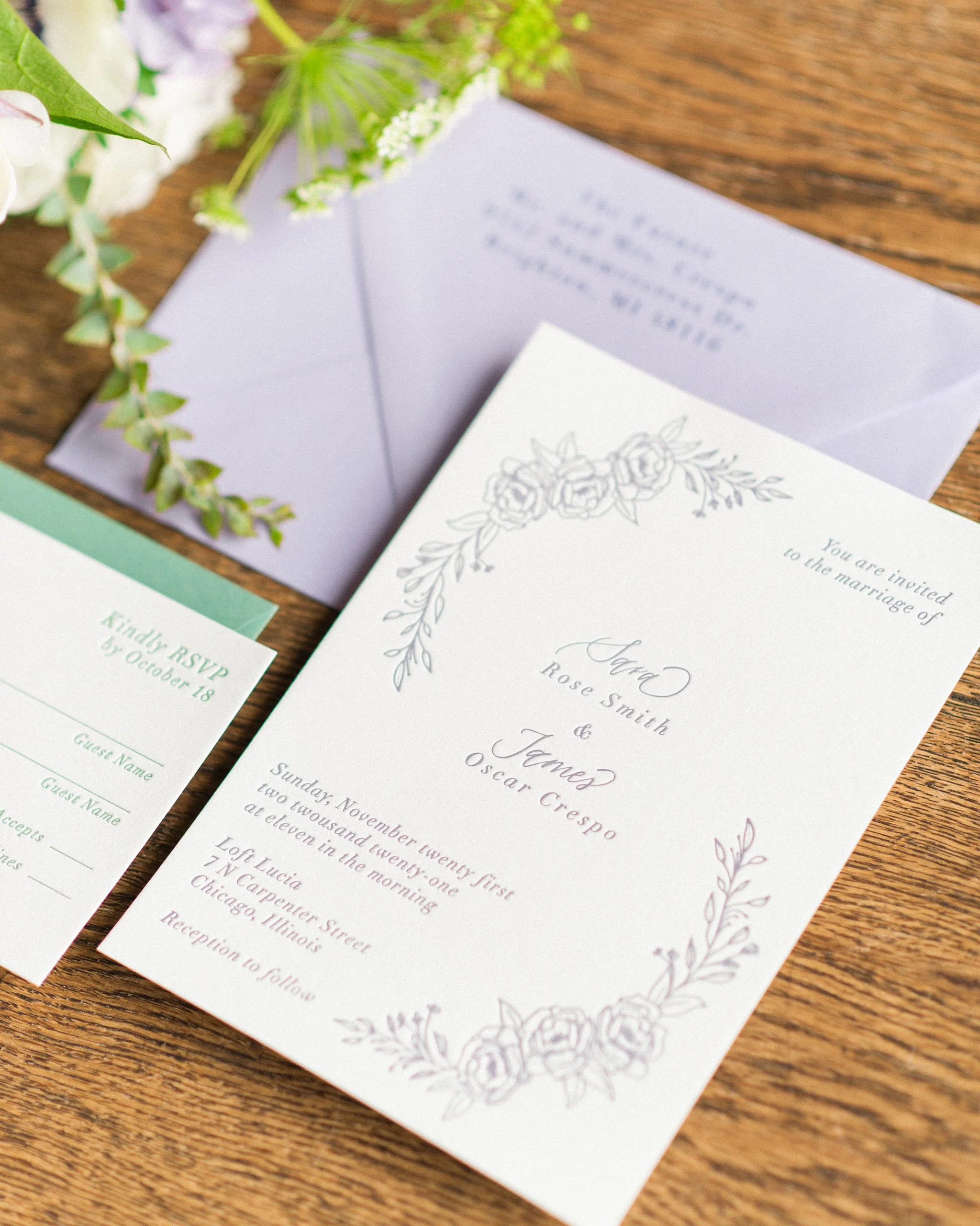 Lavender and sage wedding invitation