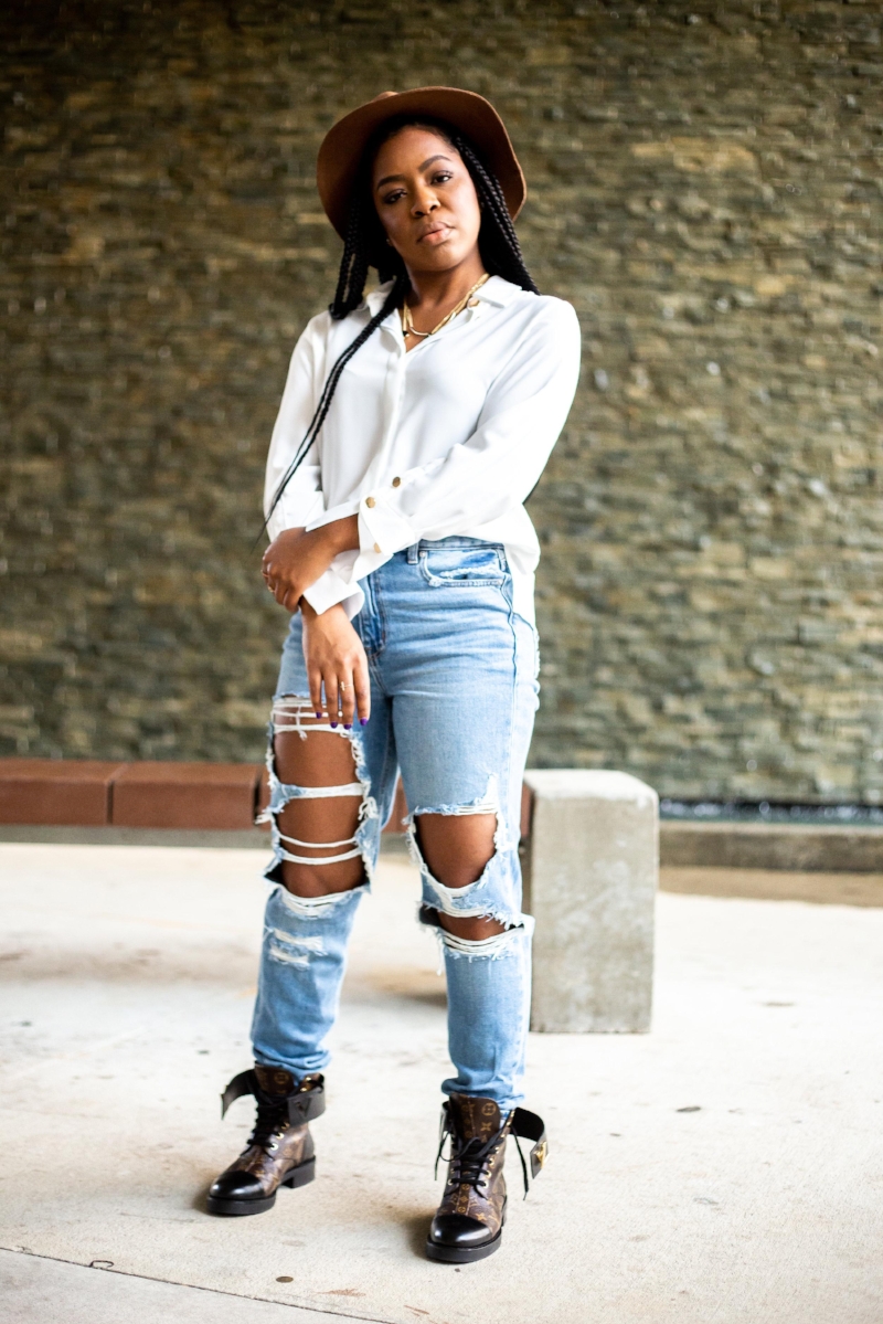 Hat; Target - old / Blouse; Zara / Denim; American Eagle / Boots / Necklace; IamPurty