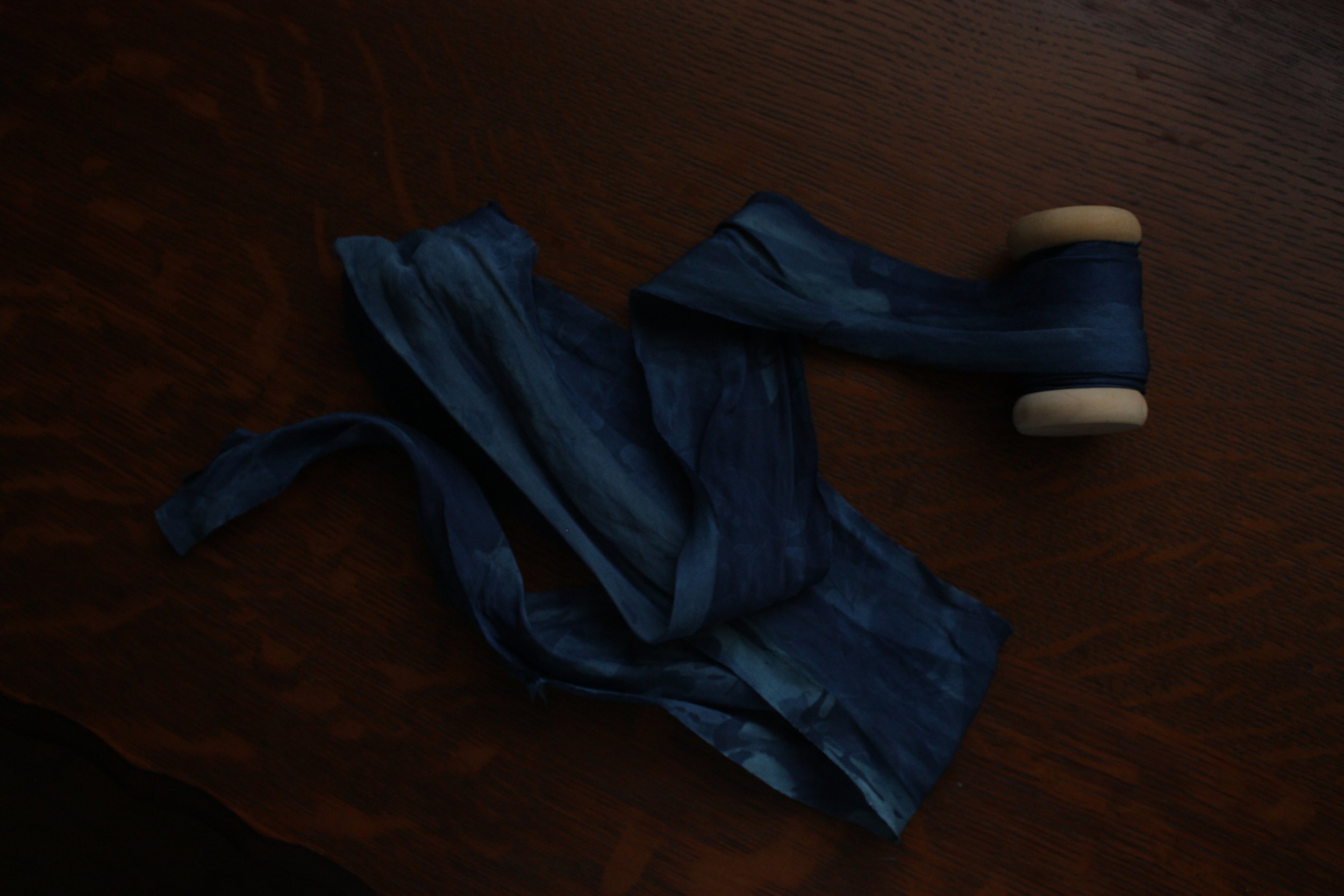 Sky Blue Hand-dyed Botanical Silk Habotai Ribbon on Wooden Spool