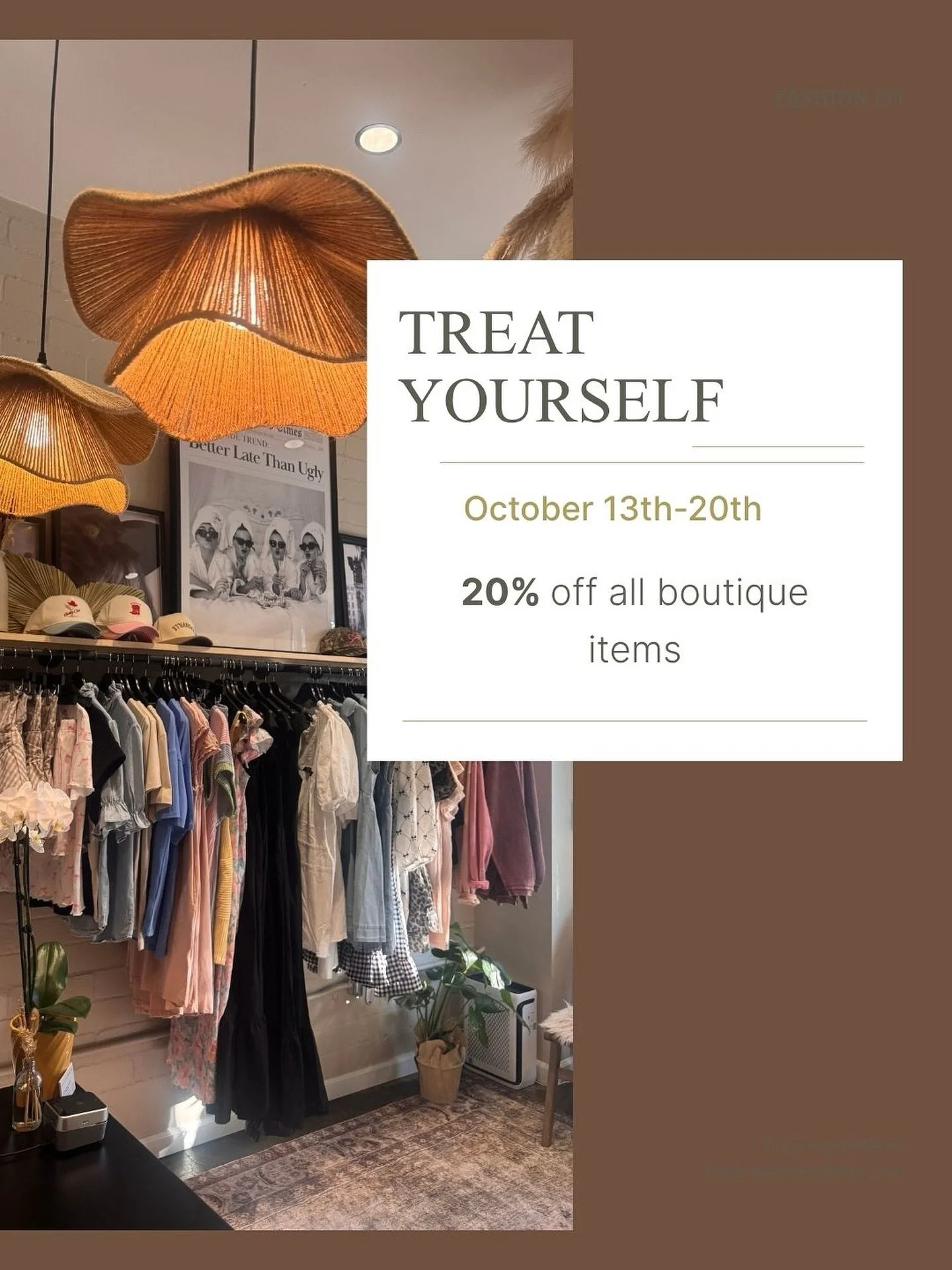 Starting October 13&ndash;20, all boutique items are 20% off &mdash; because your fall wardrobe deserves a little Goldie glow-up. 💛
Get ready to shop the looks you&rsquo;ve been eyeing! ✨