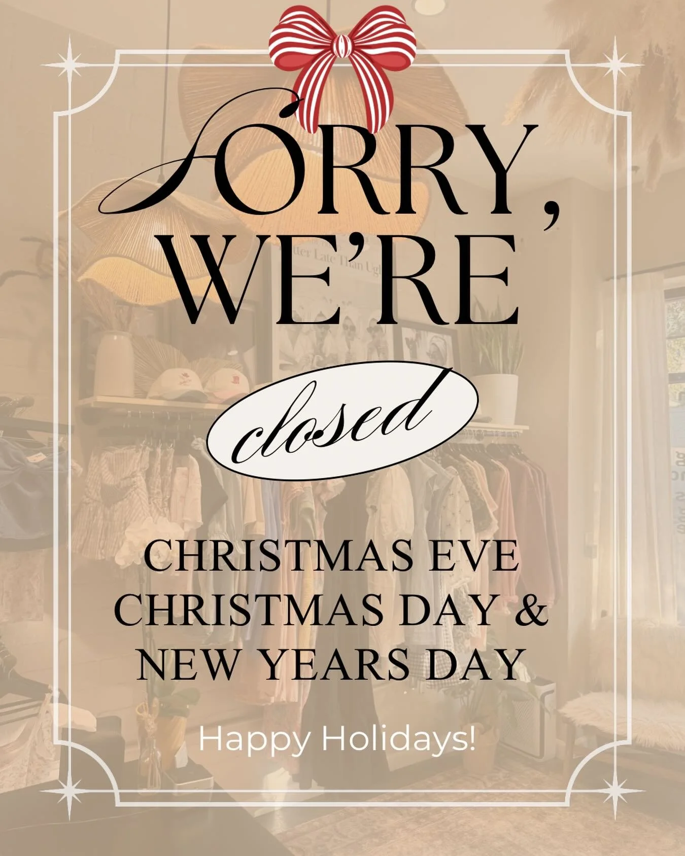A little holiday PSA 🎄

We will be closed on Christmas Eve, Christmas Day, and New Year&rsquo;s Day.
We&rsquo;re so sorry for any inconvenience, but we&rsquo;re open and happy to pamper you any other day! 🤍

Don&rsquo;t forget to book your holiday 