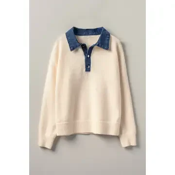 Denim Collar Contrast Button Knit Pullover
