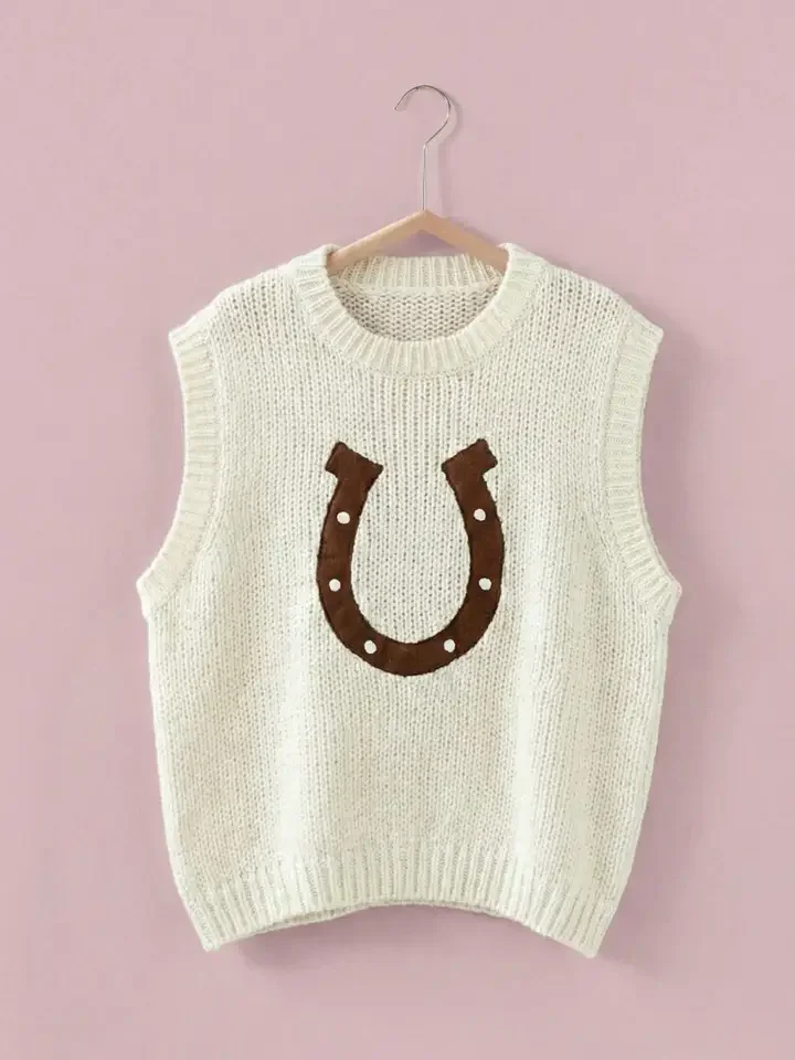 Western Horseshoe Crochet Knit Ribbed Trim Sweater Vest
