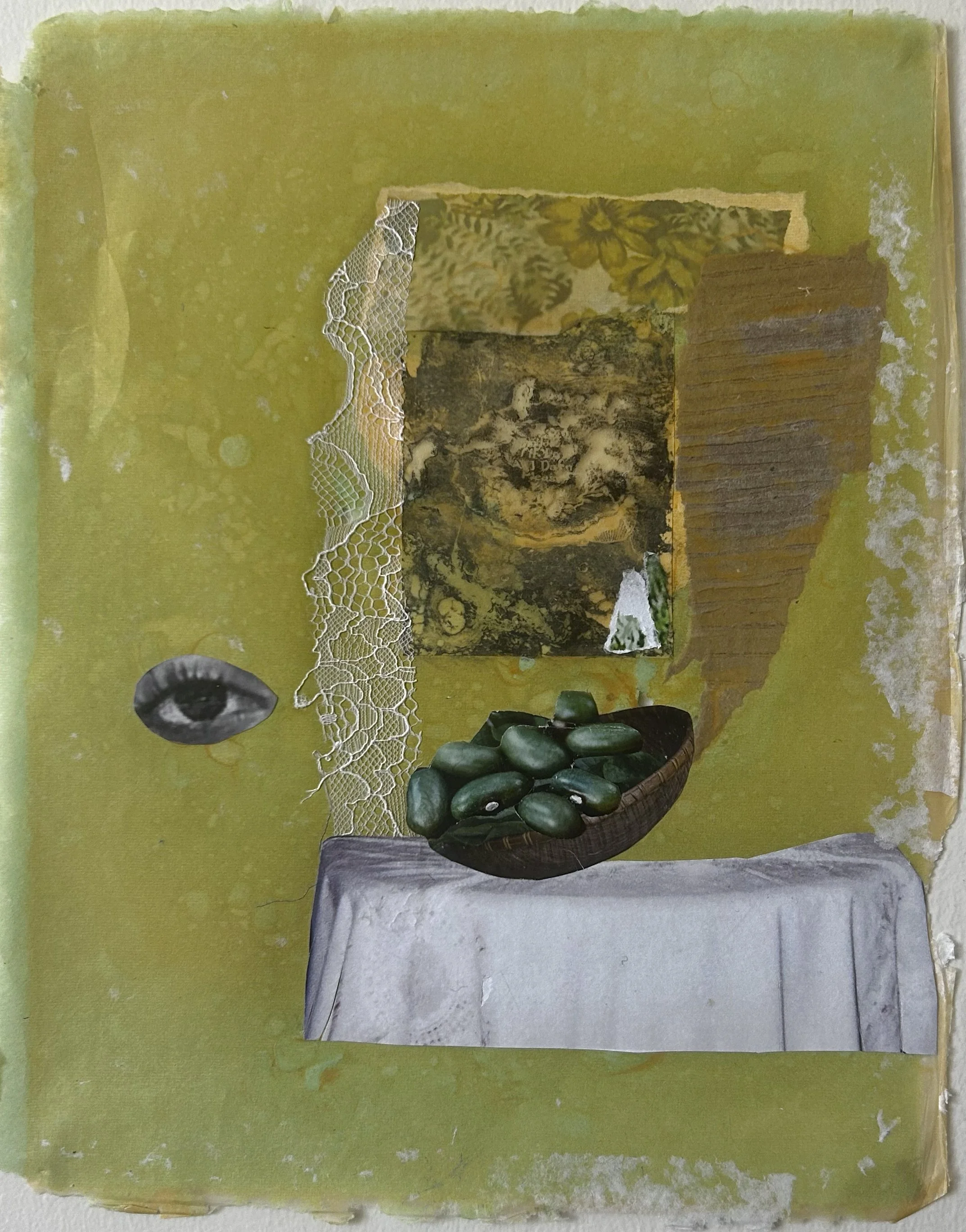  11x14  cotton and abaca embedded with collage, lace, photo transparency, cardboard    