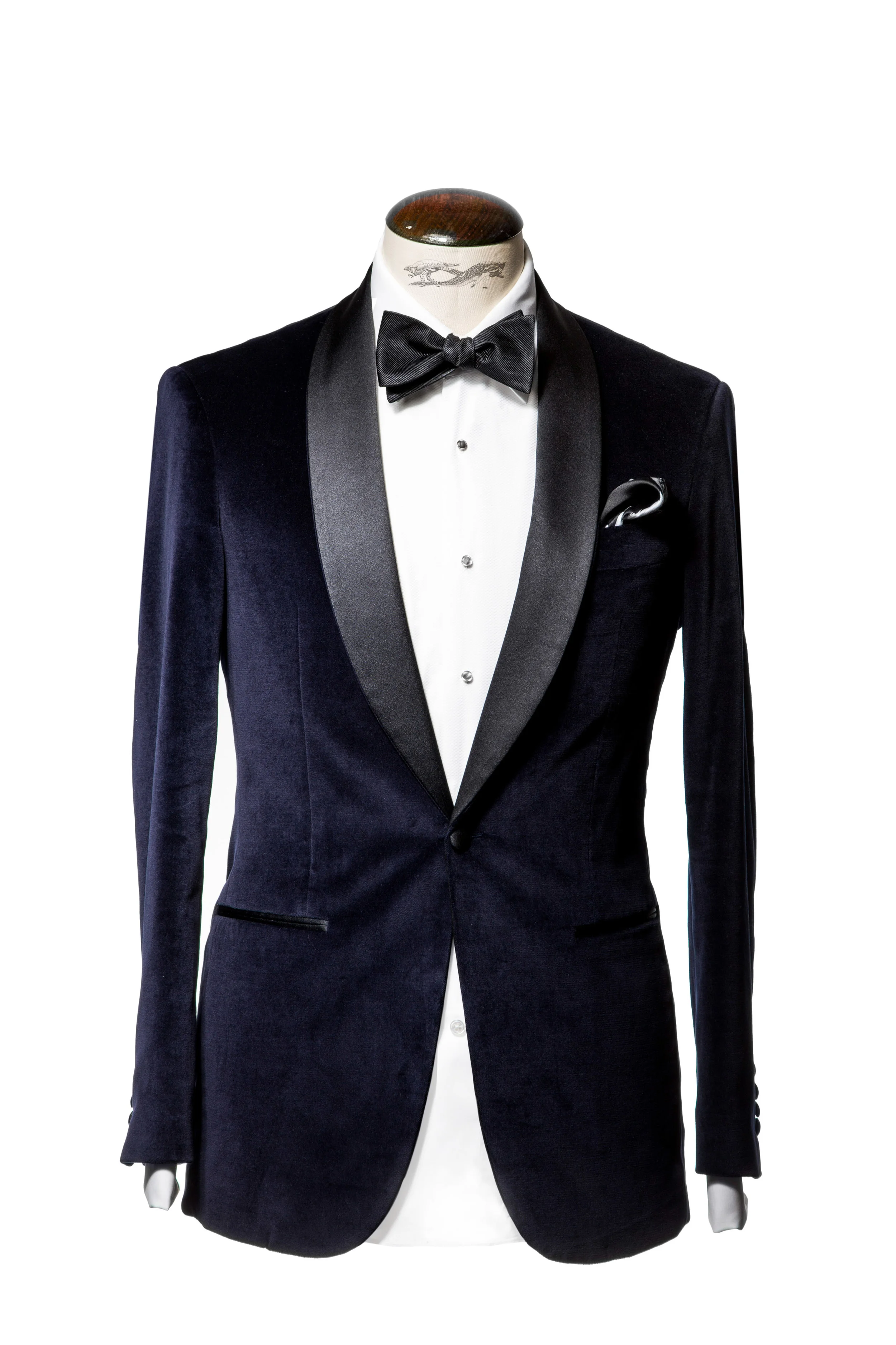 Navy Blue Velvet Shawl Collar Dinner Suit with Black Satin Lapels 