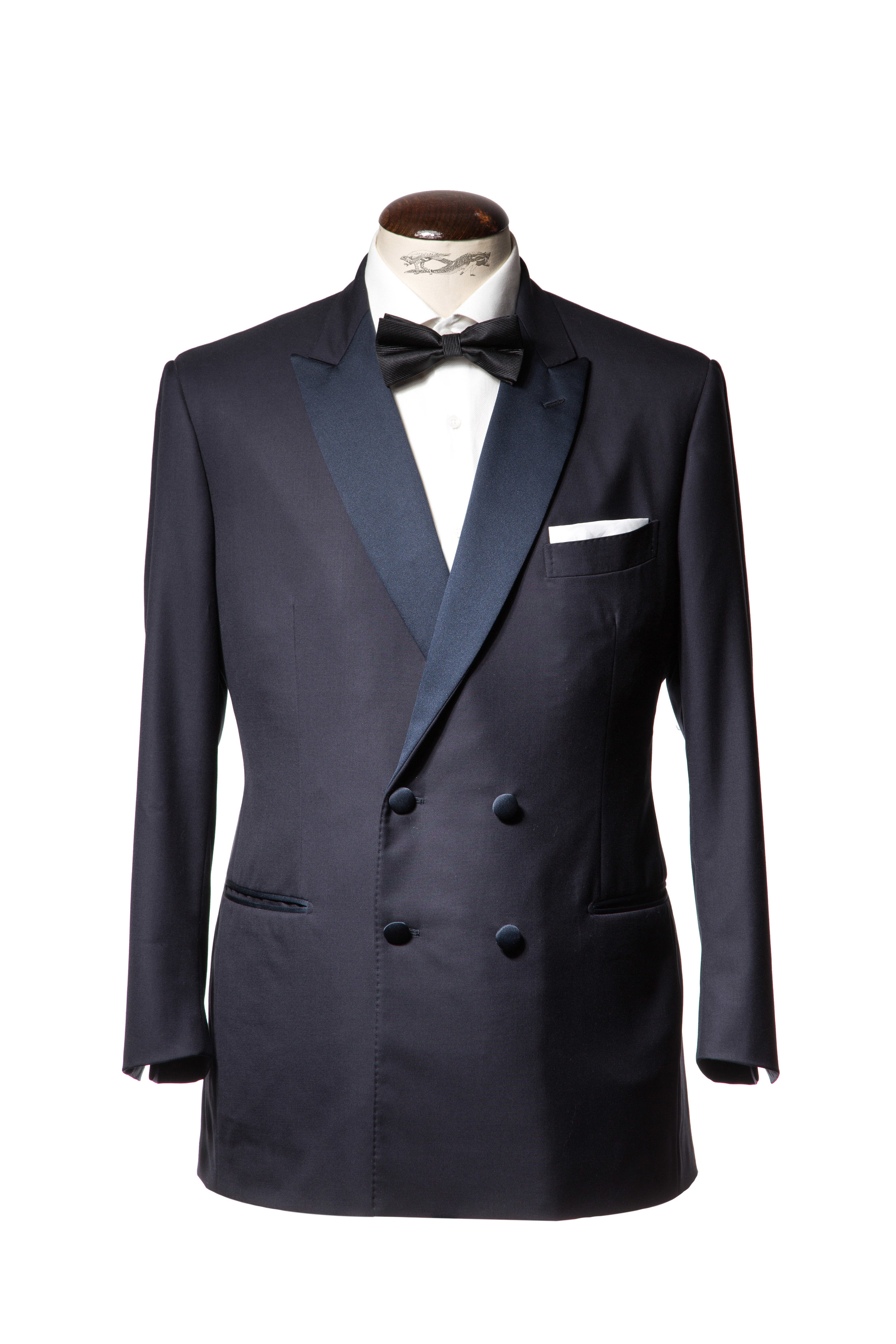Black Pure Wool Double Breasted Dinner Suit with Peak Satin Lapels 