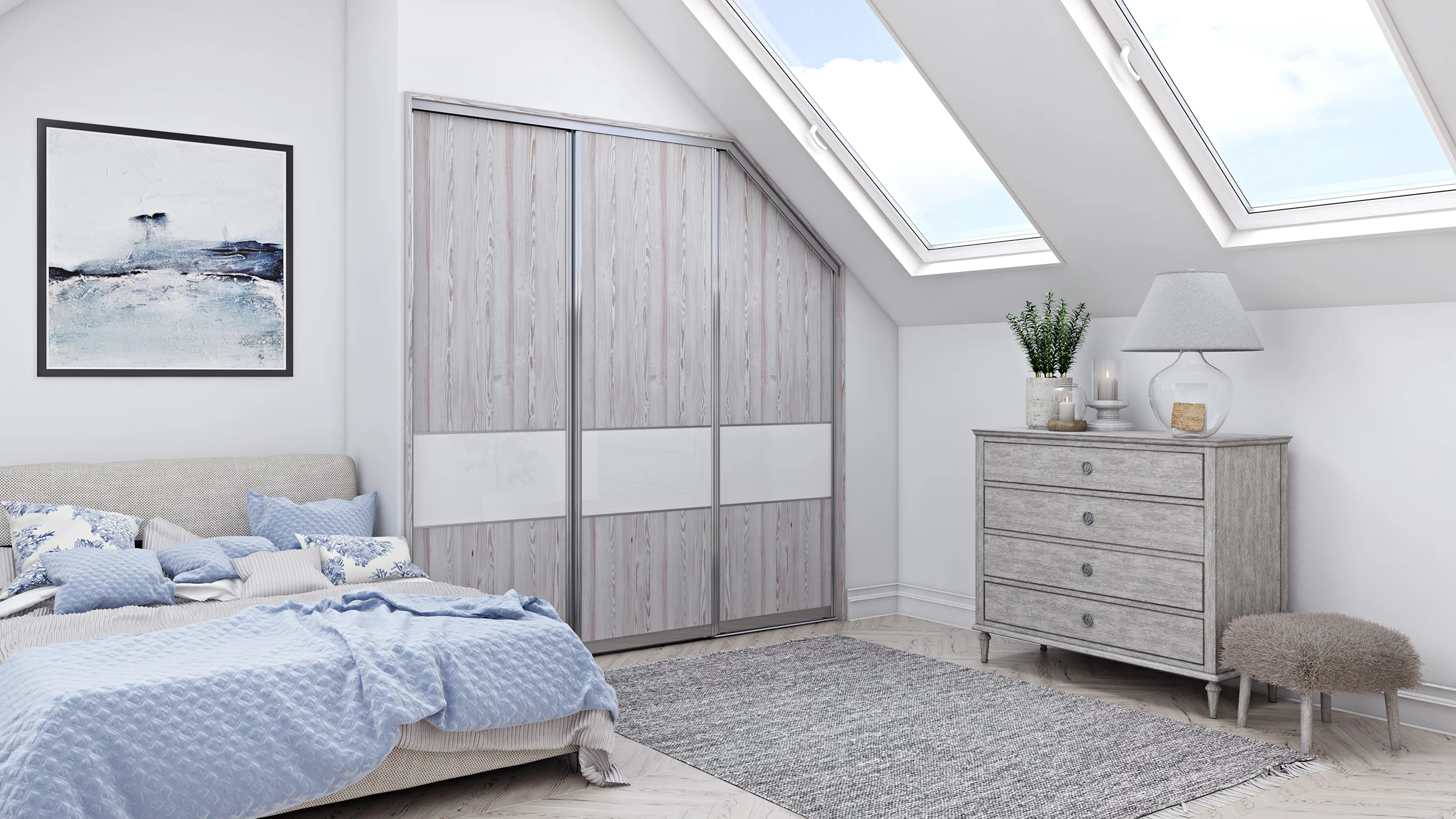 Resized Veneto White 202 - White Mountain Larch doors with Pure White Glass feature panels and Napoli Silver frame.jpg