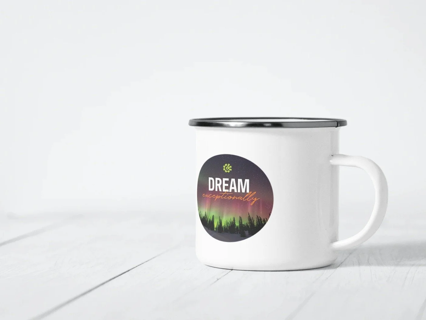 Sticker mockup on tin mug for Fisher Creative